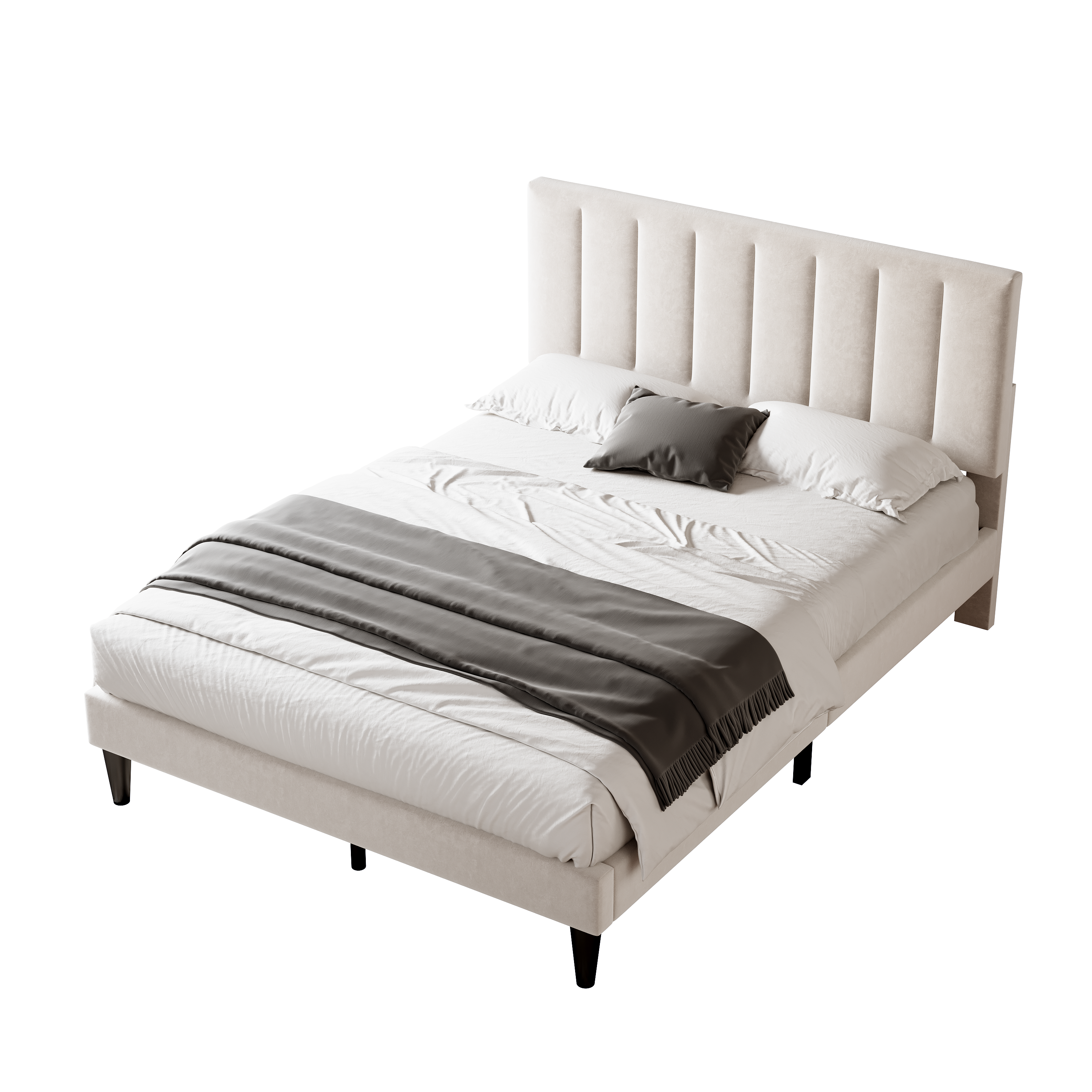 4ft6 Double Upholstered Velvet Bed Frame, Adjustable Channel Tufted Headboard, Solid Wood Slat, Mute Foam, Beige