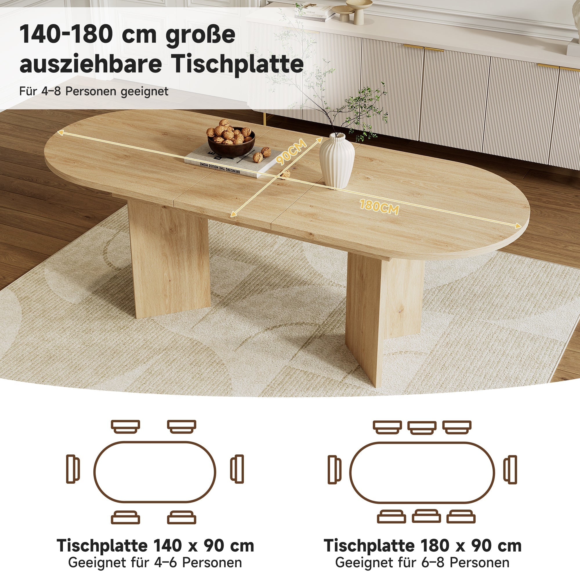 Extendable Dining Table 140/180x90 cm Seats 6-8 Rounded Corners Simple Style Oak Color