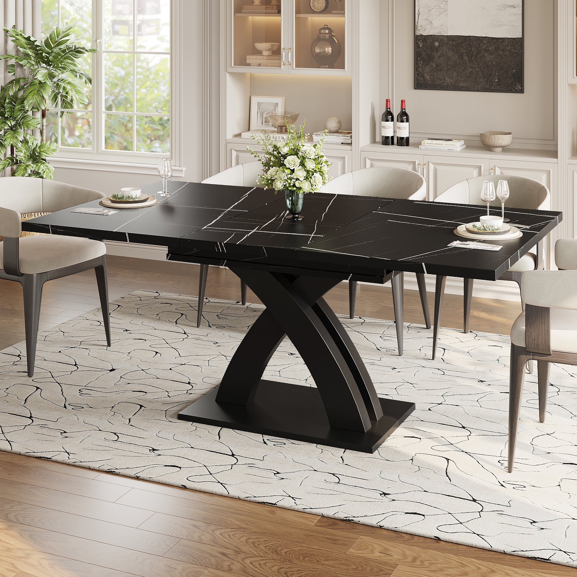 Extendable Dining Table, 120(160) cm Wooden Black Lacquered