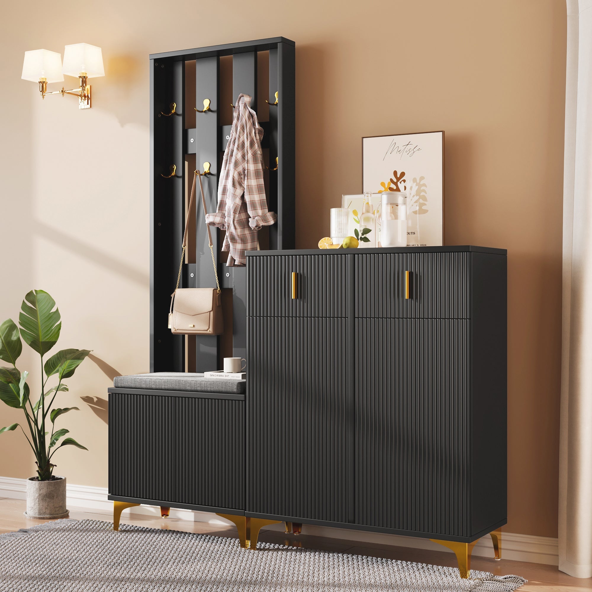 Wardrobe Set, Shoe Bench, Hooks, Drawers & Doors, Black Particleboard