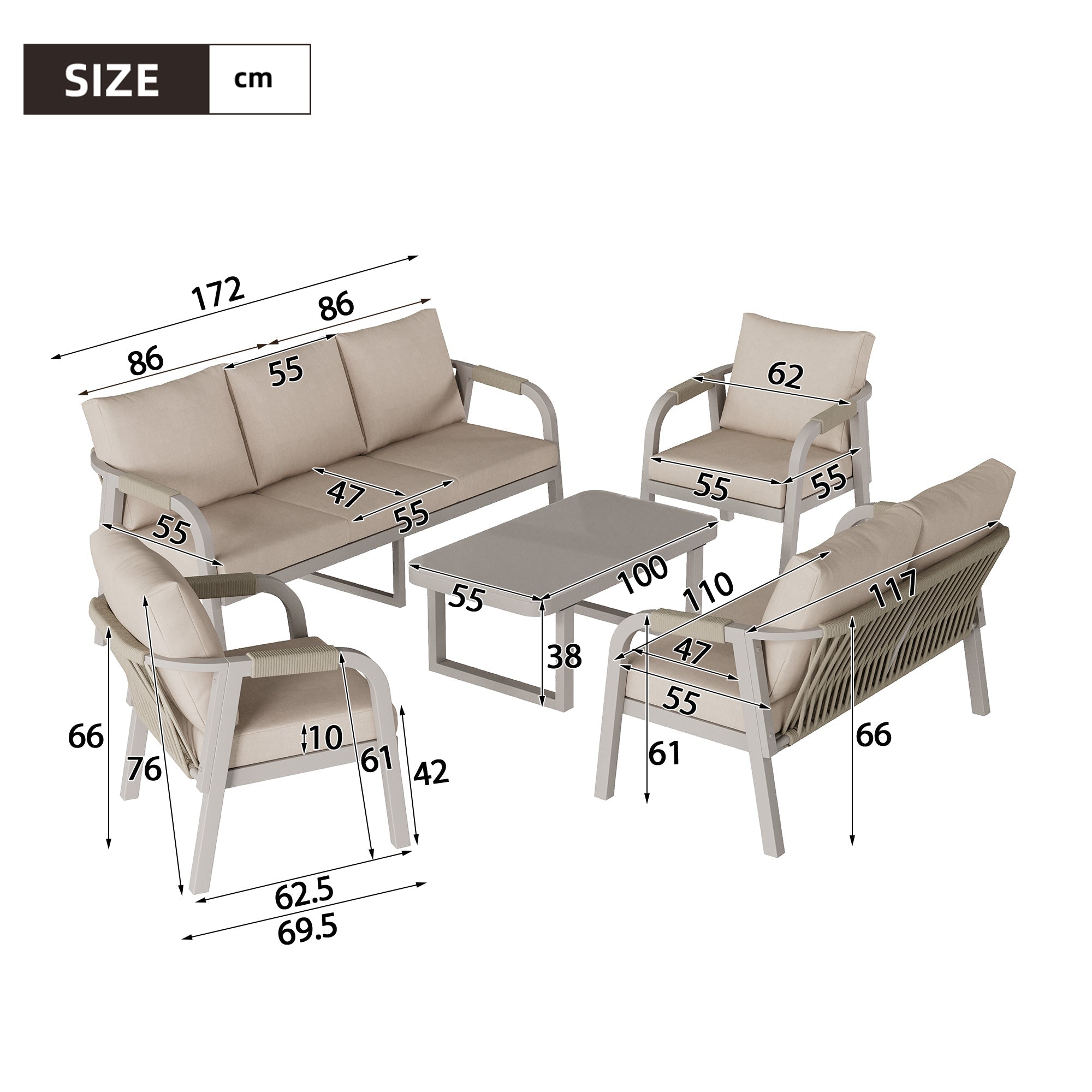 Garden Lounge Set, 7-Seater with Sofa, Armchairs and Coffee Table, Beige Woven Rope