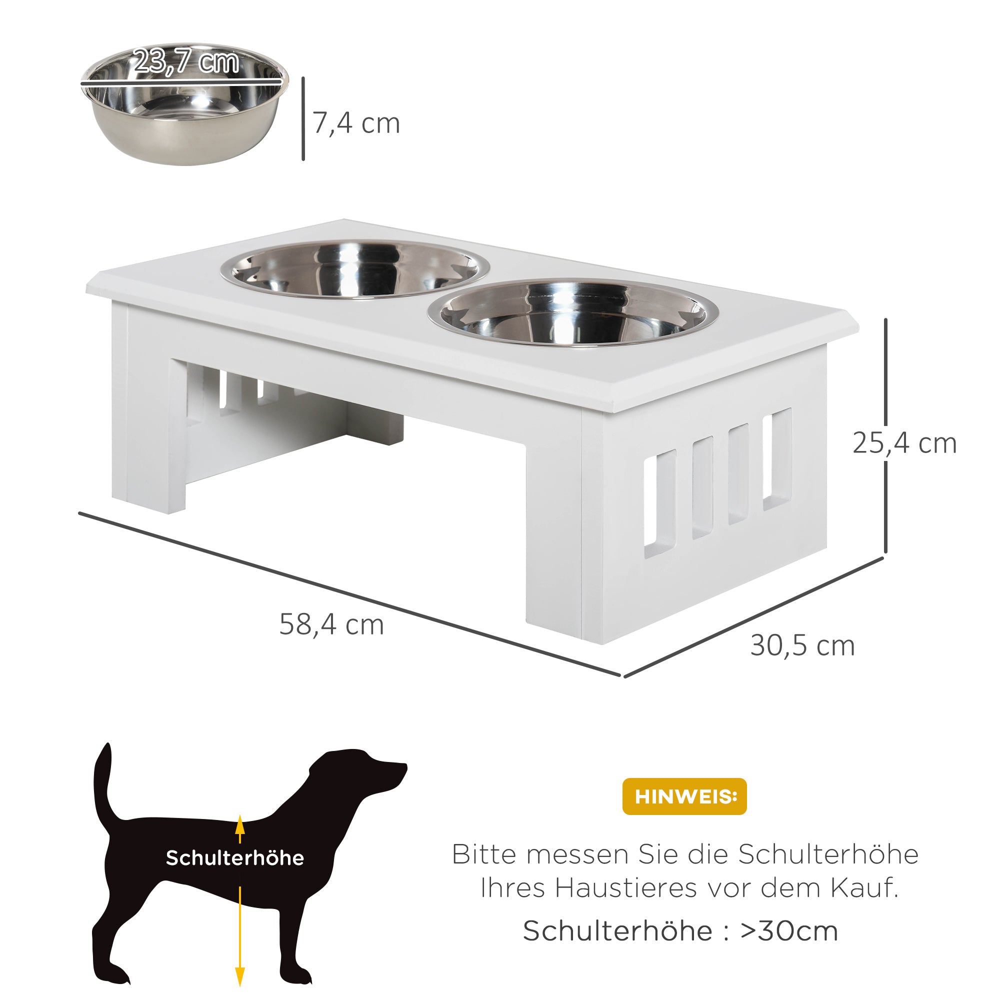Raised Dog Bowl, Stainless Steel, MDF White