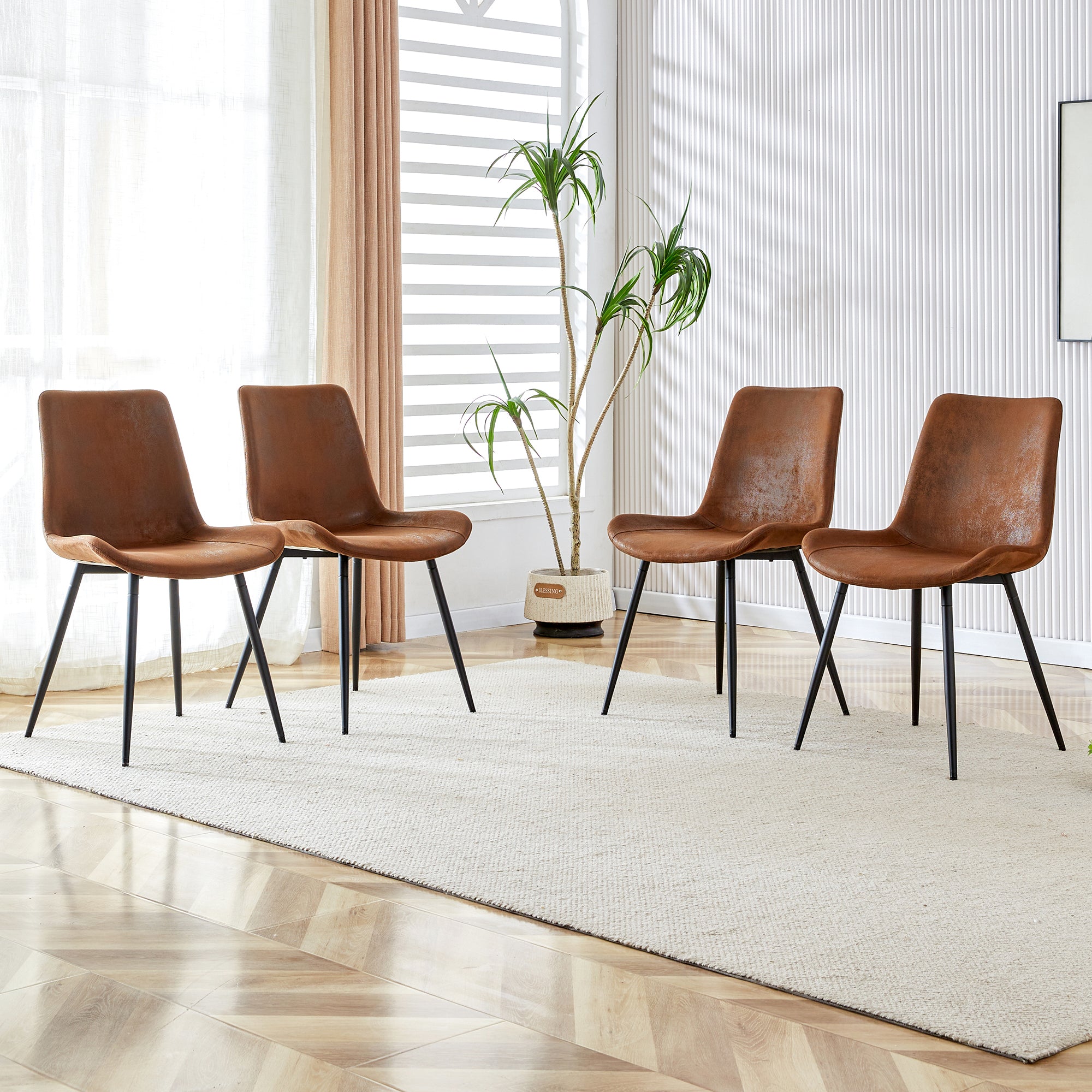 Dining Chairs Set of 4 Widened Seat Metal Legs - Brown Tech-Fabric