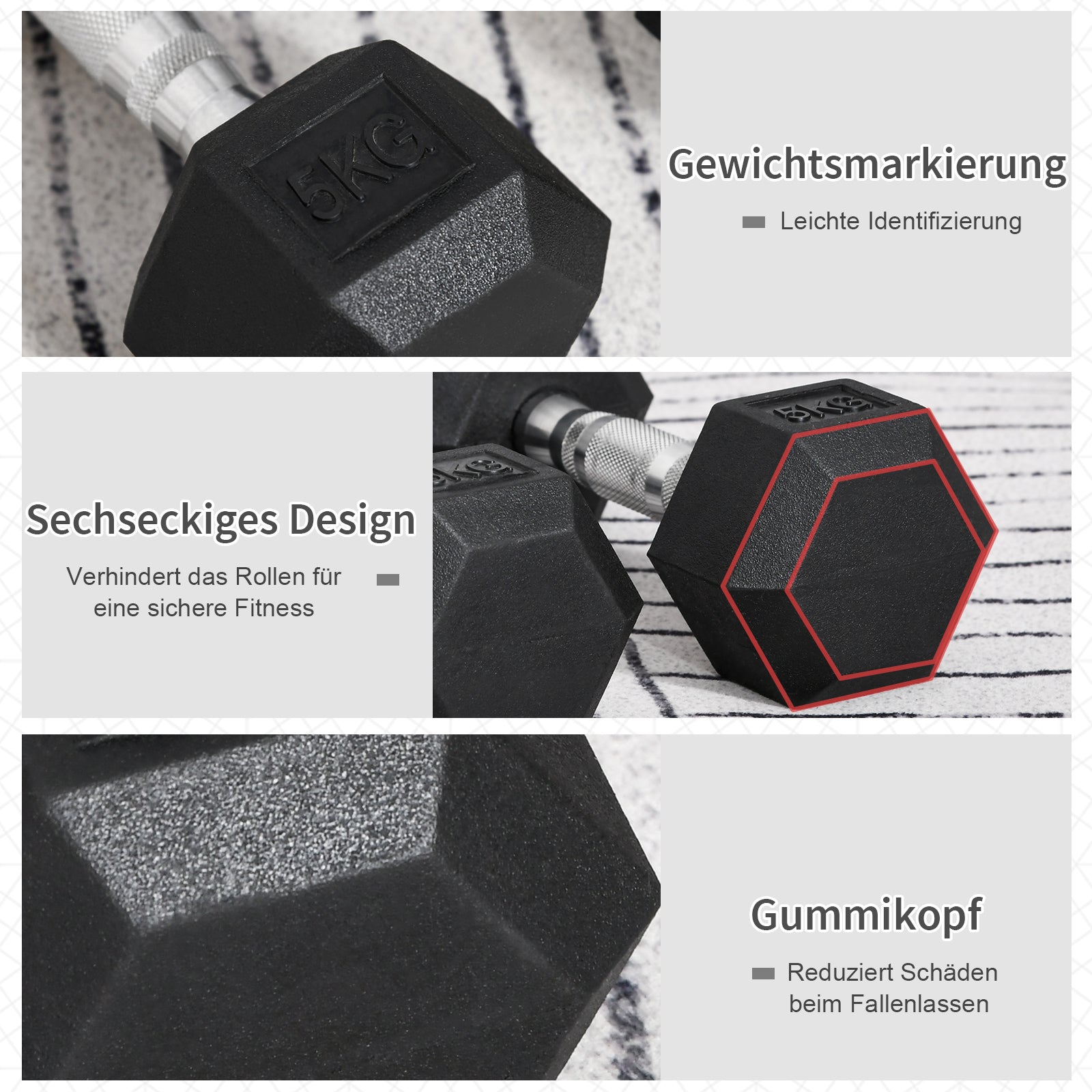 Hexagon dumbbells, set of 2, 2x5 kg, cast iron with rubber coating, black