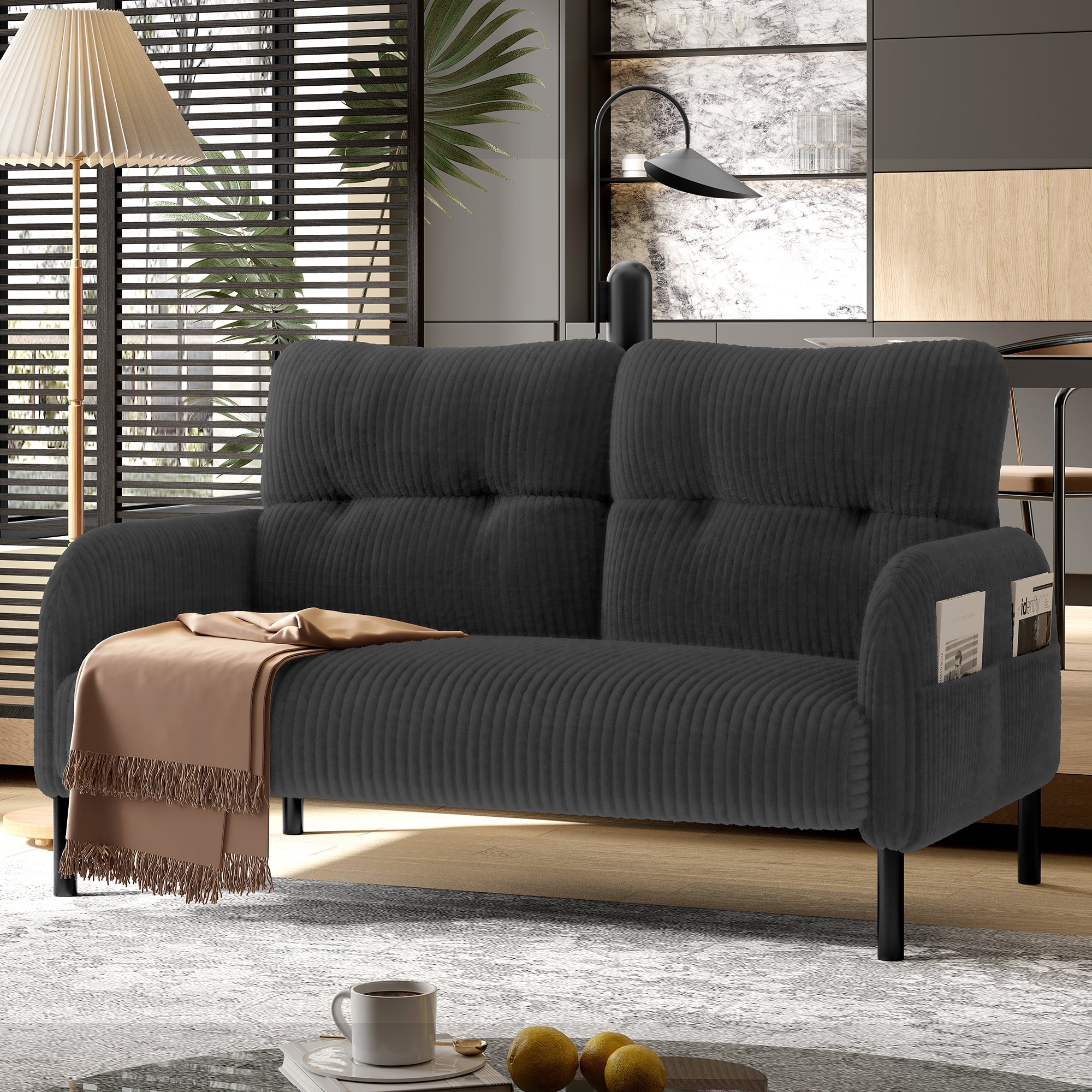 Corduroy Two-Seater Sofa, Comfort Padding High Backrest Side Pockets, Metal Feet