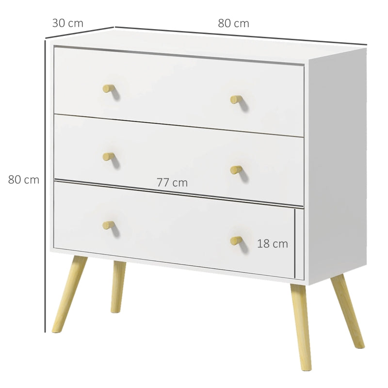 Chest of Drawers, 3-Drawer Storage Organiser Unit with Wood Legs, White