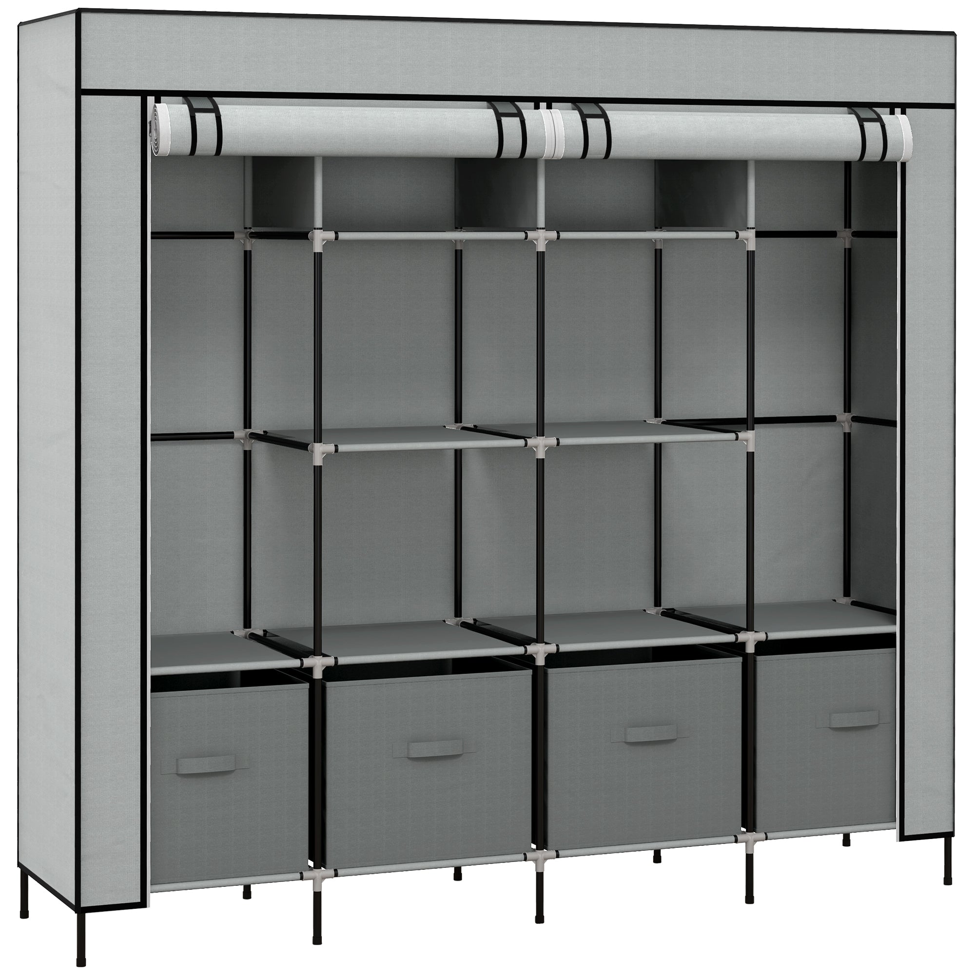 Stoffkleiderschrank, Kleiderstange 10 Fächer 4 Schubladen, Dunkelgrau