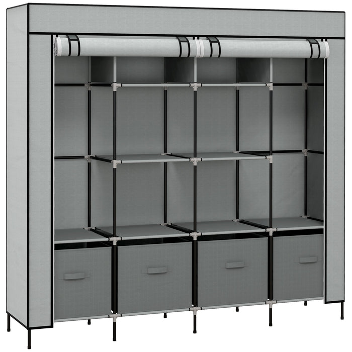 Fabric Wardrobe, Clothes Rail 10 Compartments 4 Drawers, Dark Grey