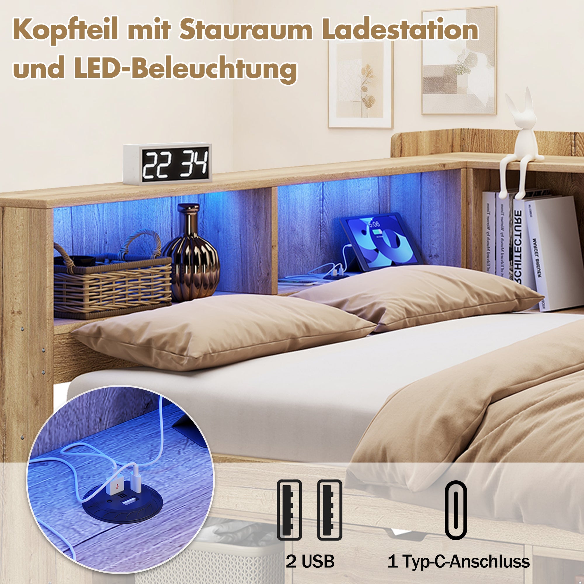 L-shaped Storage Platform Bed with Desk, LED, USB and Drawers, 140x200cm, Natural Wood