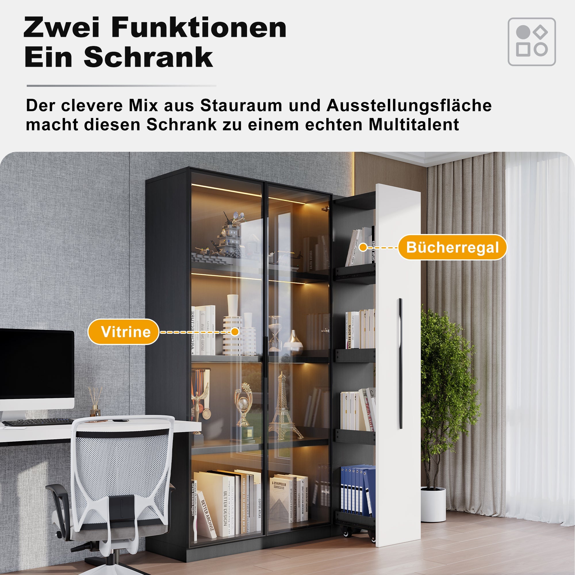 Multifunctional Cabinet 110.5x160cm Display LED Rolling Drawer, White/Black