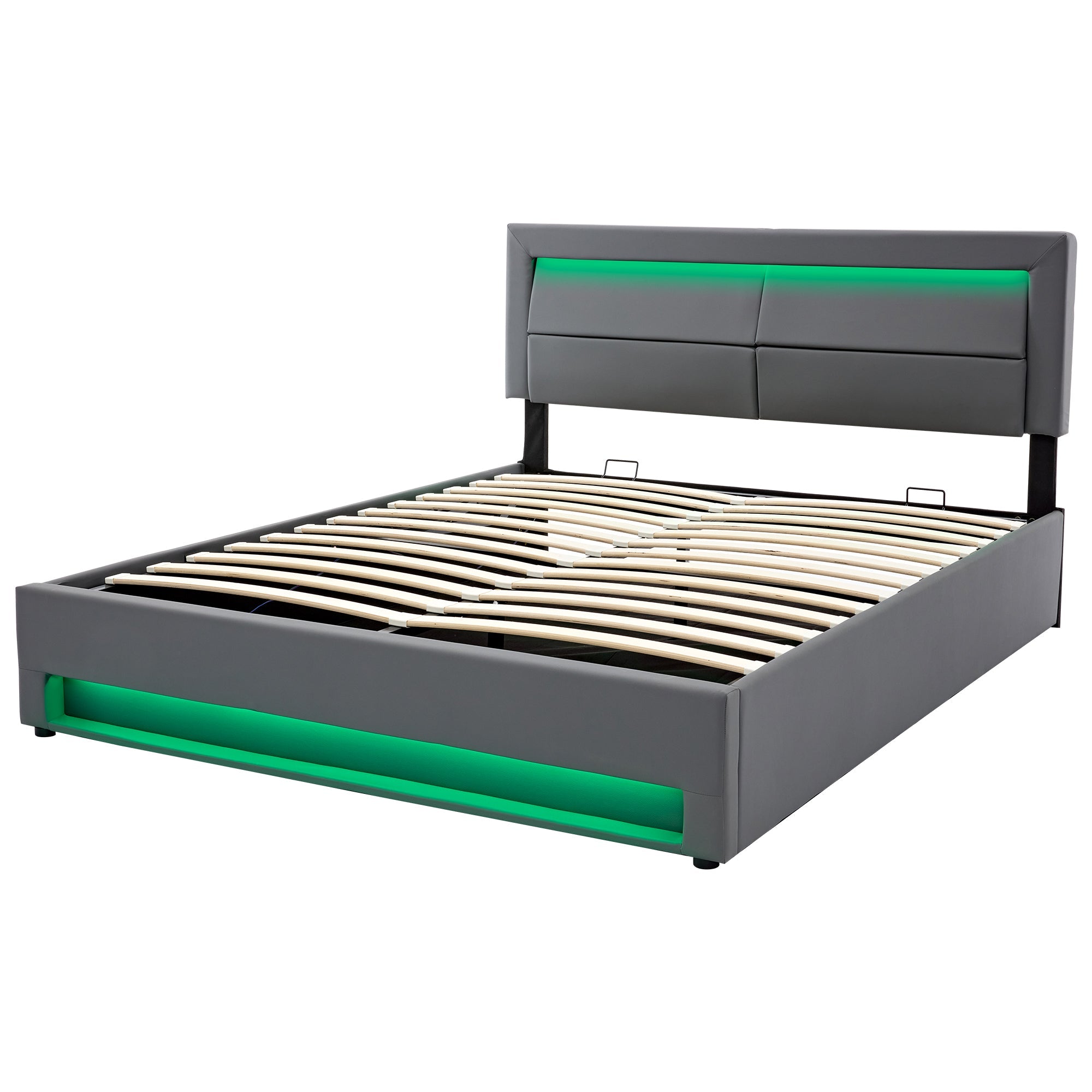 Upholstered Bed with Wireless Charging, USB Port, LED Lighting and Storage, 160x200cm, Grey PU Lychee Pattern