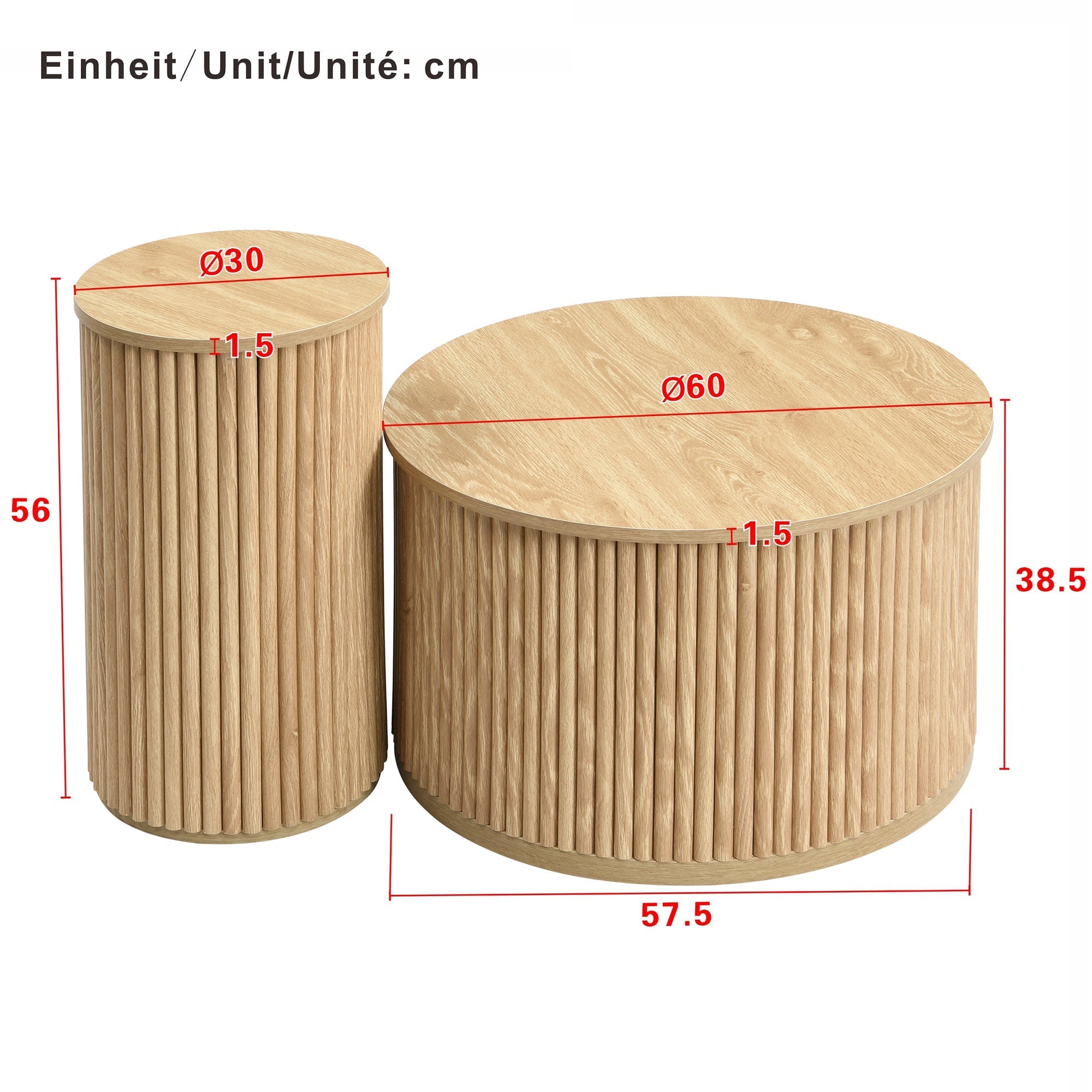 Coffee Table Double Round Slatted - Natural Wood