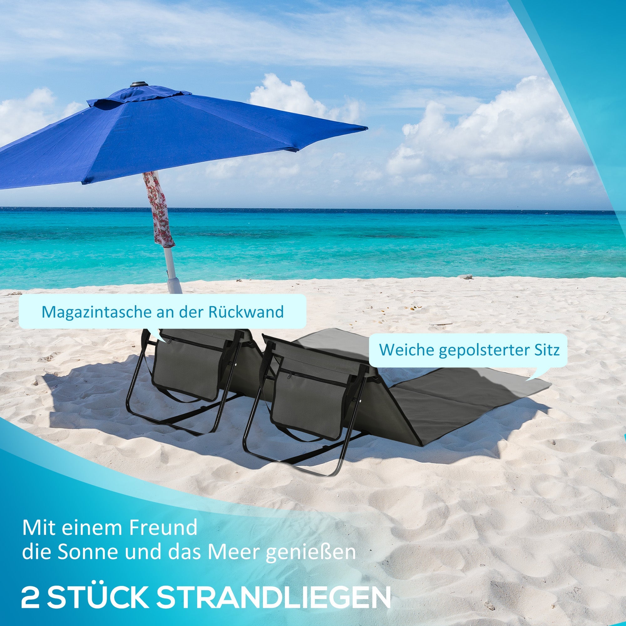 Beach Mats (Set of 2) Foldable Adjustable Loungers with Bag, Oxford Fabric, Grey