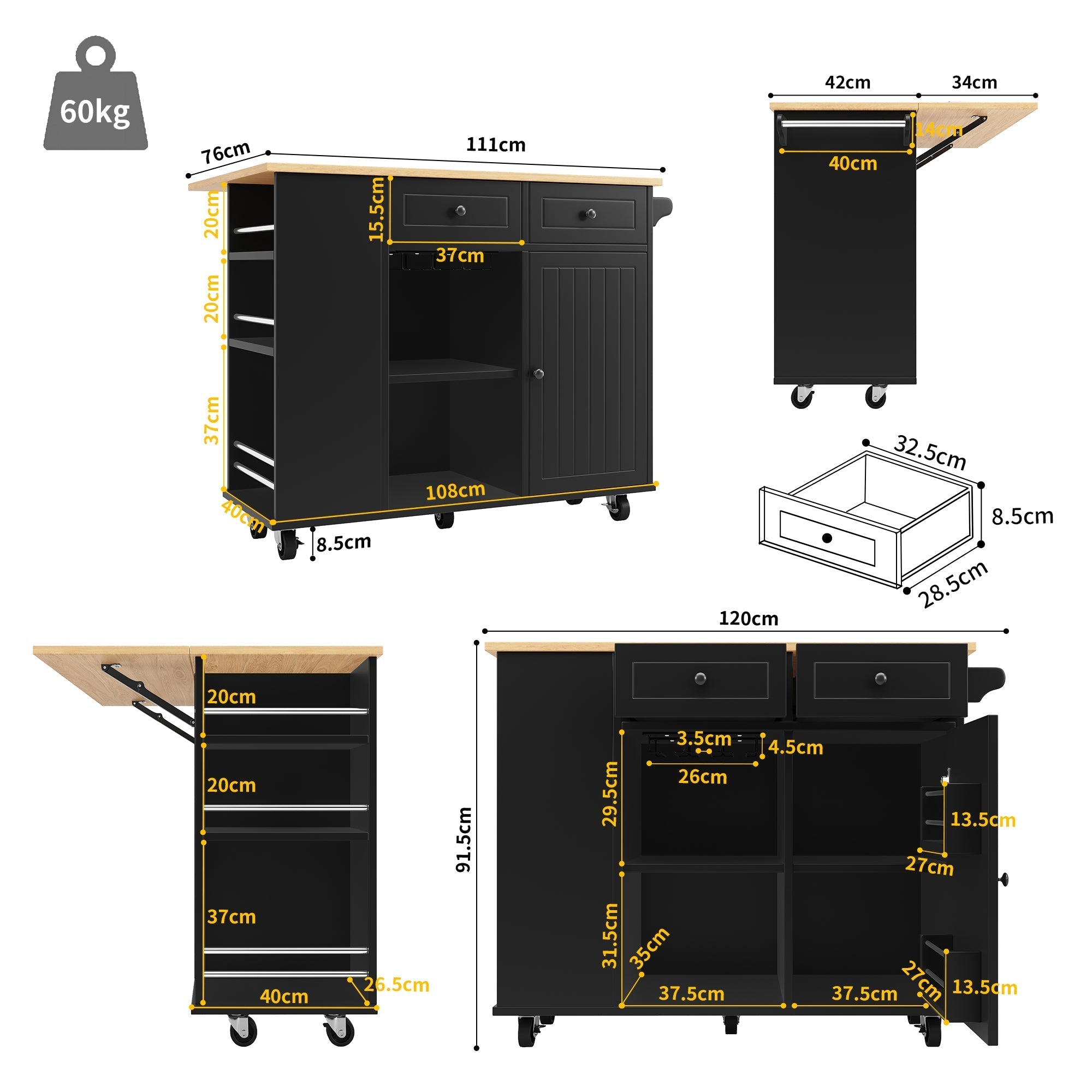 Kitchen Island Mobile Removable Partitions Wine Rack - Black Wood Grain