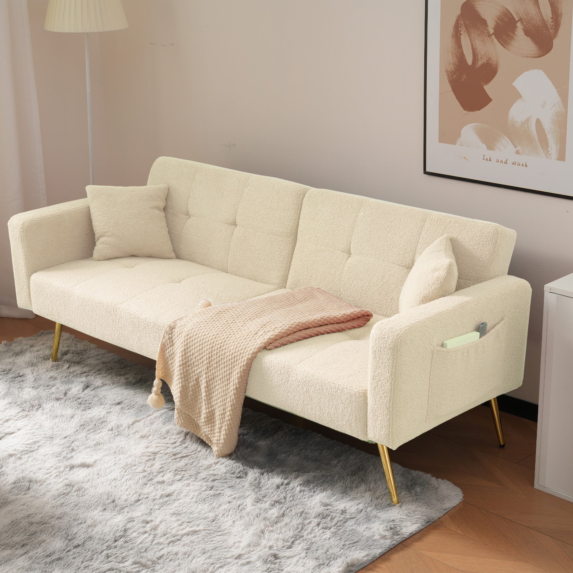 Sofa Bed with Adjustable Backrest, Gold Legs & Storage Pockets, Cushions Included