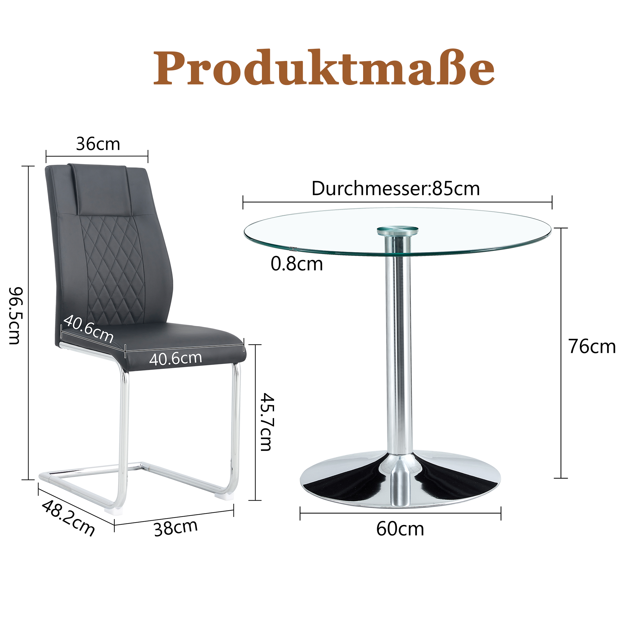 Dining Table Set 85cm Tempered Glass Table 4 Chairs - Black PU Silver Legs