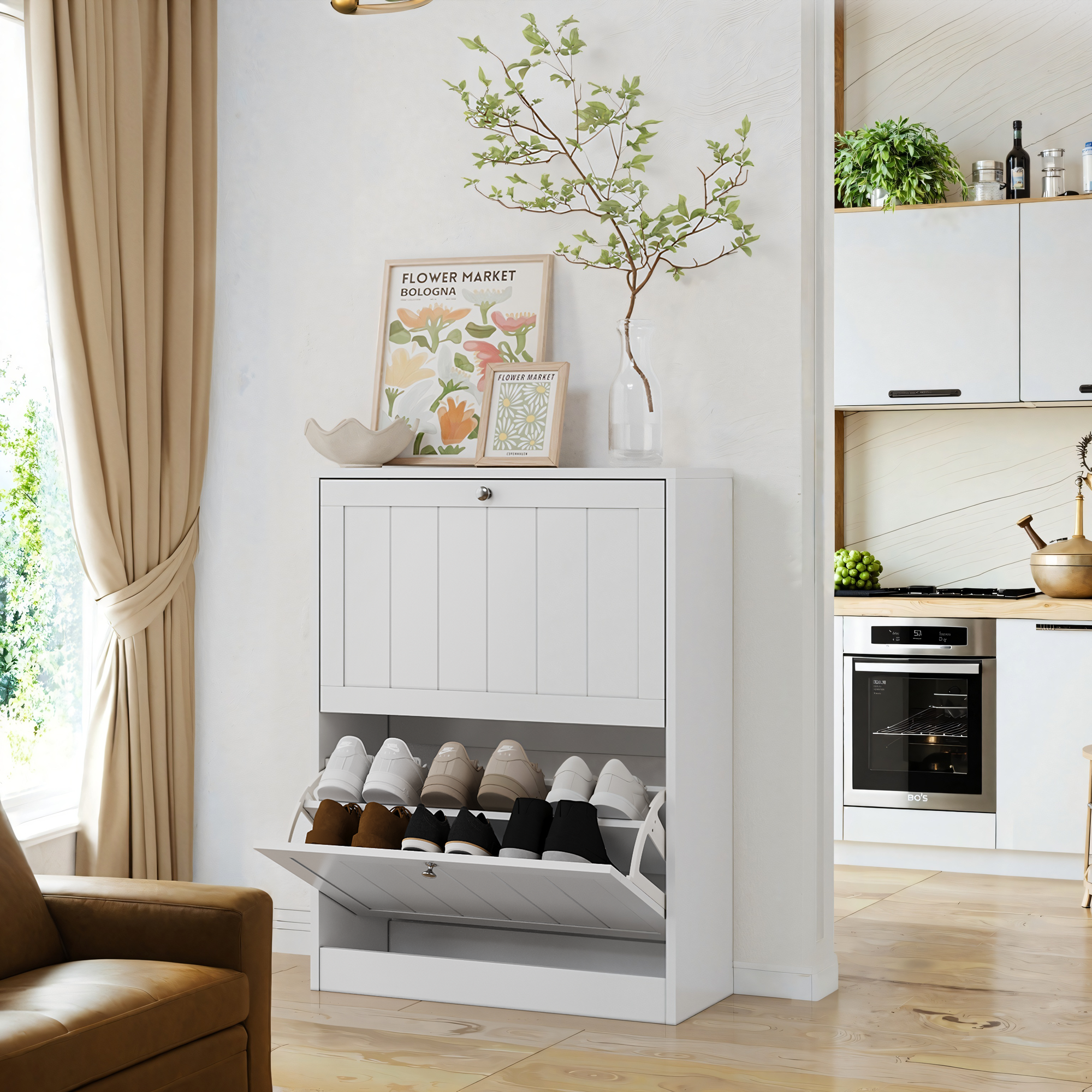 Shoe Cabinet 60cm Mid-Century Modern Freestanding 2 Drop-Down Drawers - White