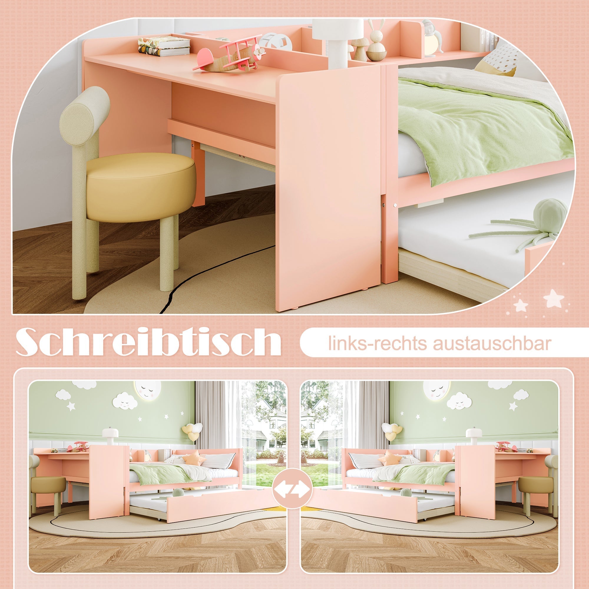 Wooden Flatbed Double Bed with Desk, Trundle and Shelves, 140x200cm, Pink