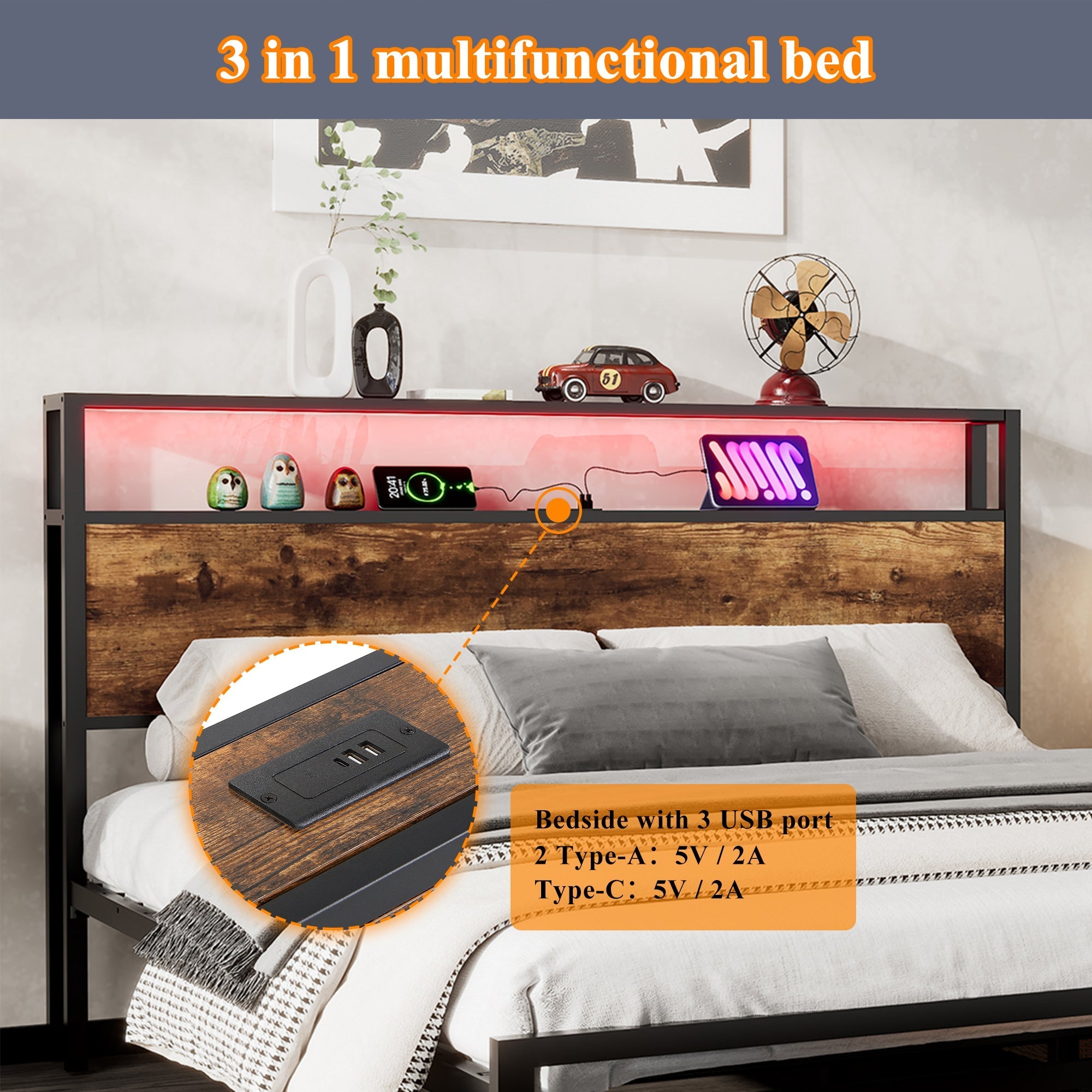 Metal Bed, 4ft6 Double with LED Strip, 2 Drawers & USB Ports, Black+Walnut Wrought Iron