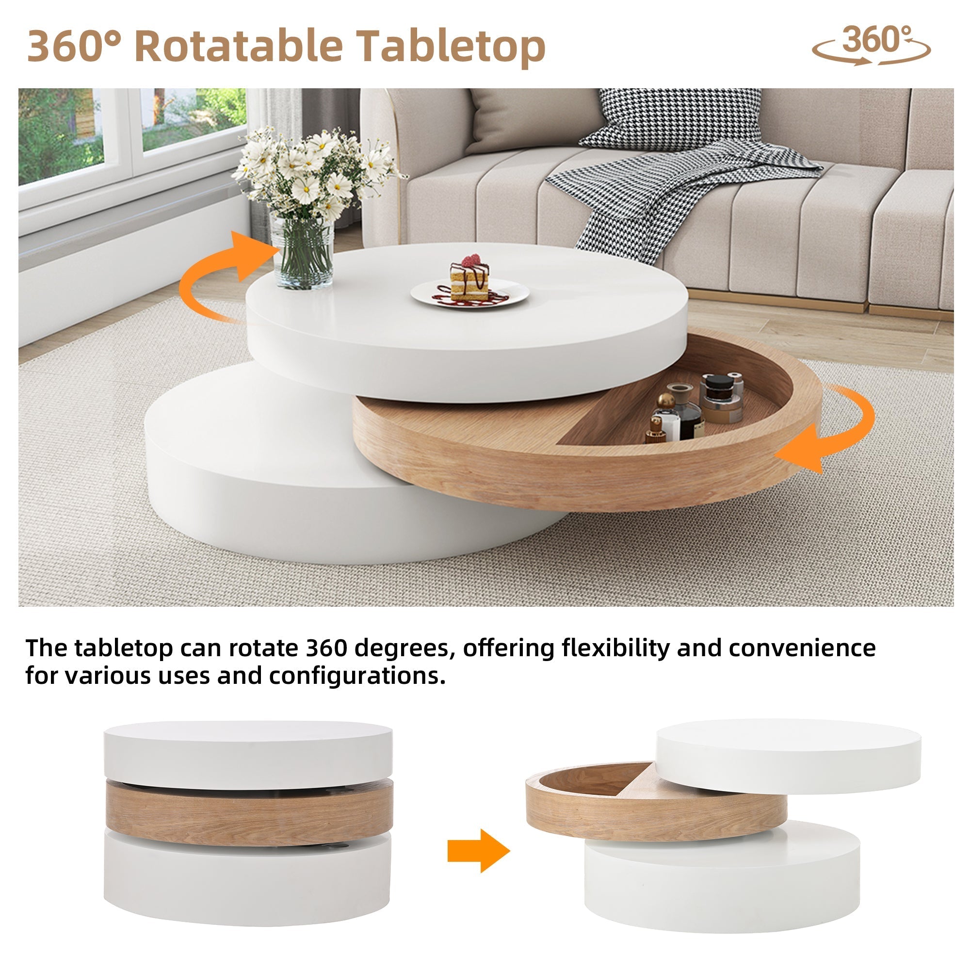 Cylindrical Coffee Table, 360° Rotate, 3-Tier Storage, 60x60x35.1 cm - Willow Wood