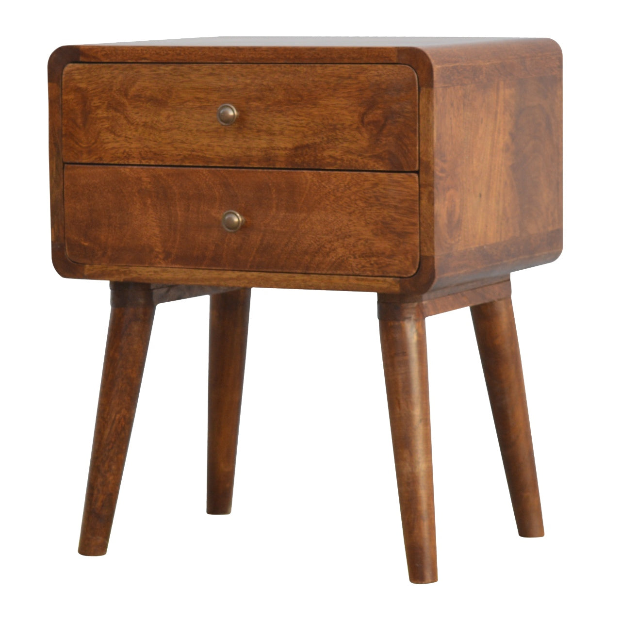 Solid Wood Bedside, Curved Chestnut with 2 Drawers, Dark Brown