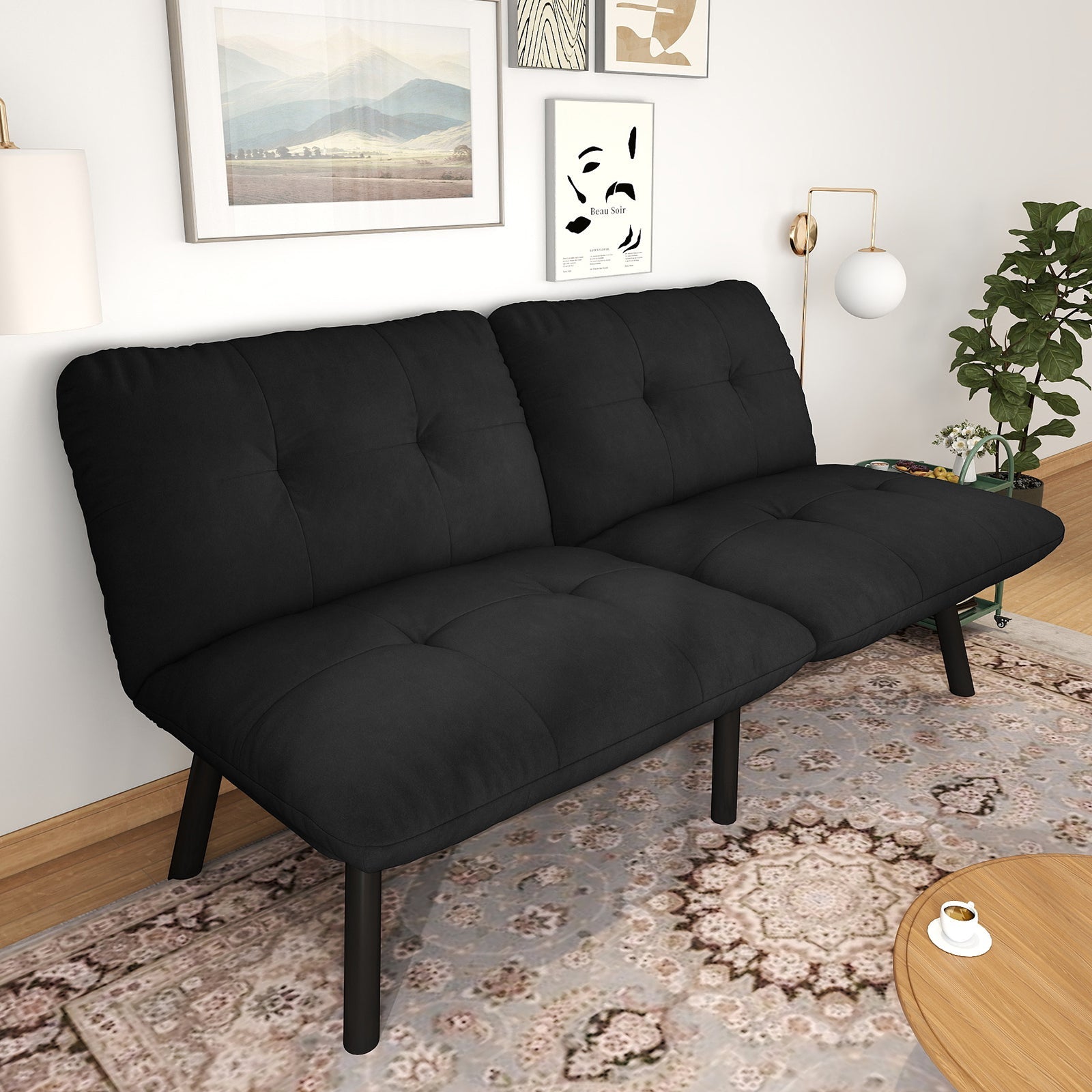 Sofa Bed Foldable 2-Seater Futon Guest Bed - Black