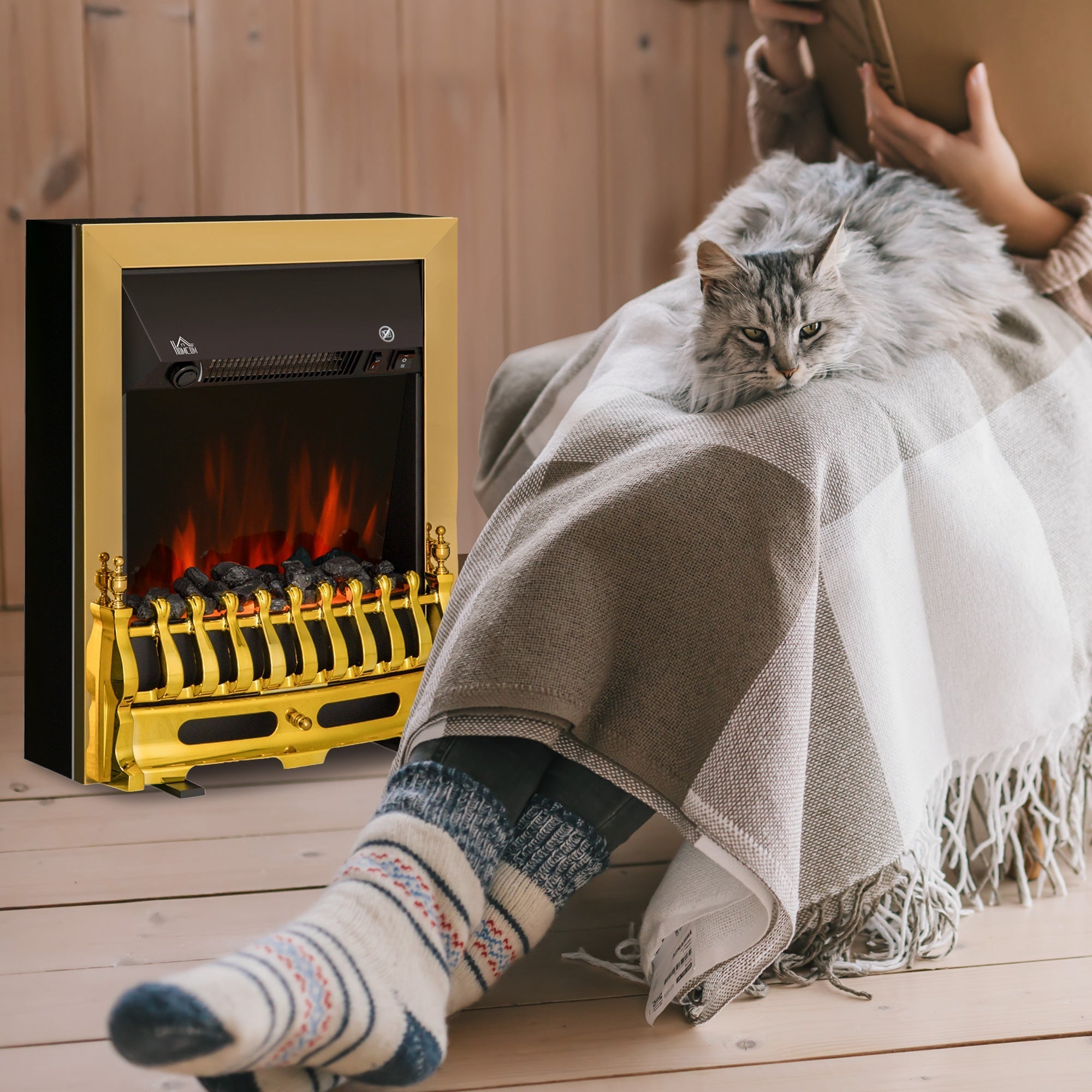 Electric Fireplace, Freestanding Flame Effect 1000/2000W, Gold