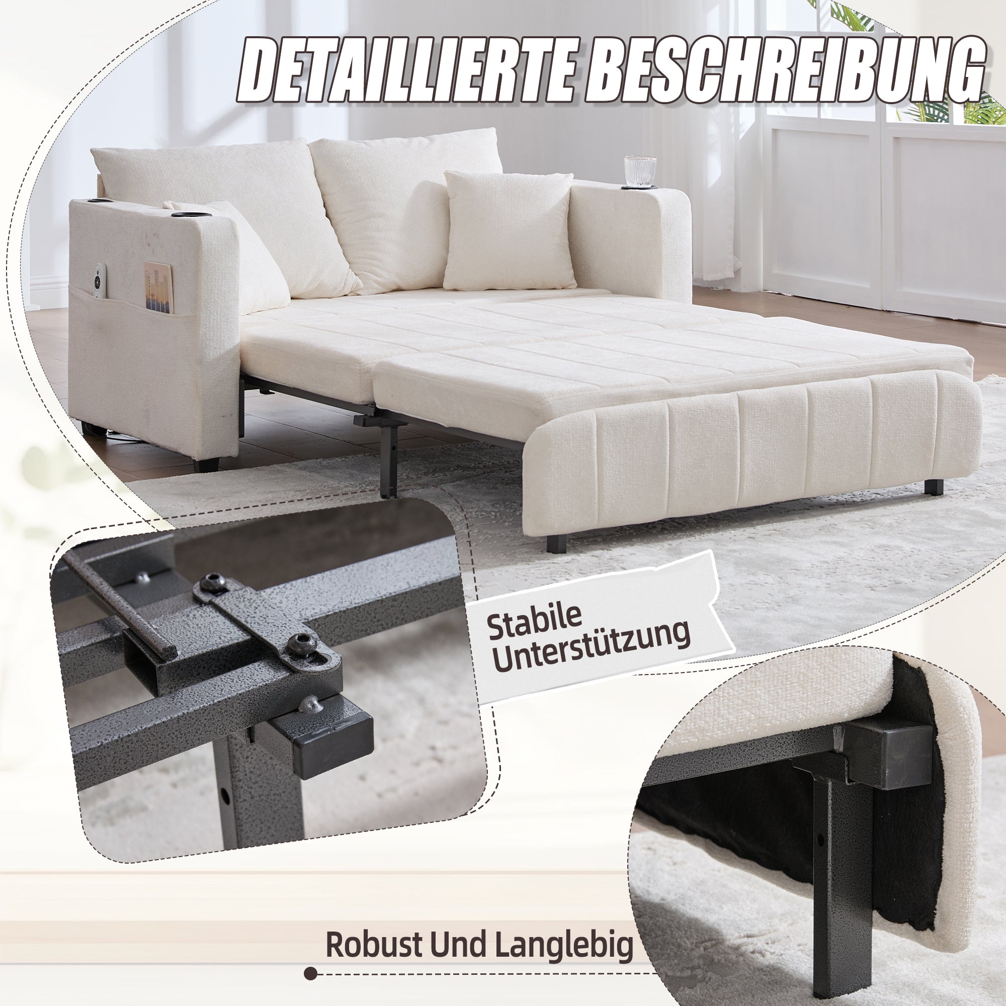 Sofa, Multifunctional Folding Pull-Out with USB & Cup Holder, Fabric