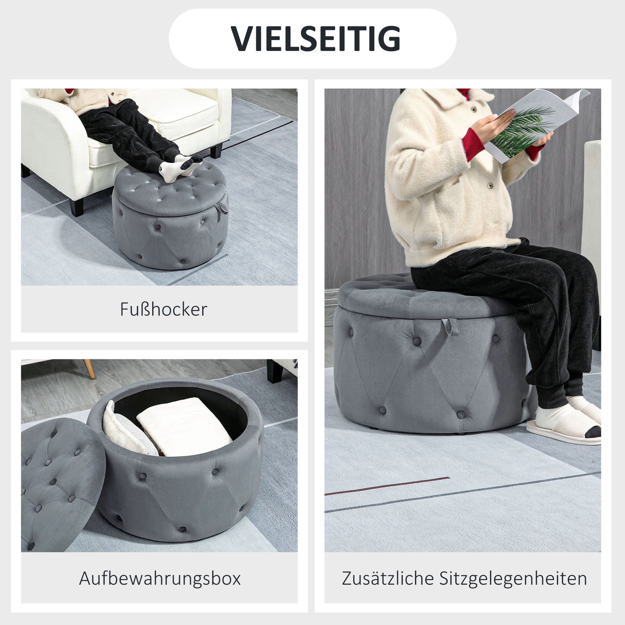 Storage Ottoman Round Upholstered Stool with Lid, Gray Velvet