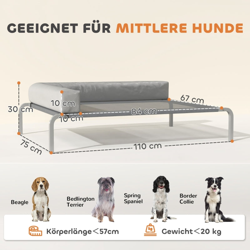 Hundebett für draußen, erhöht mit L-förmigem Kissen für mittelgroße Hunde, Hellgrau