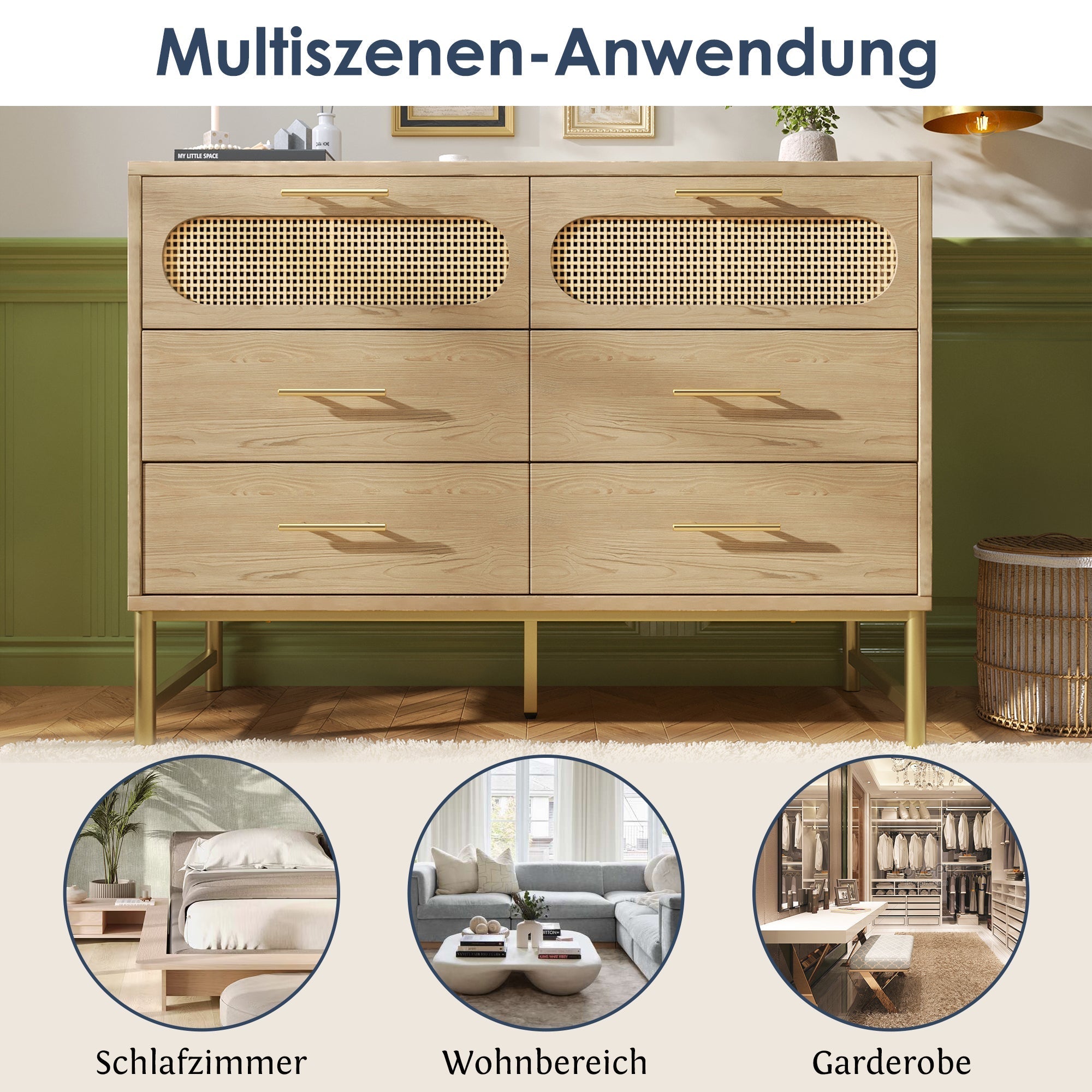 Rattan Sideboard, 6 Drawers Dresser Dressing Table, Sonoma Oak