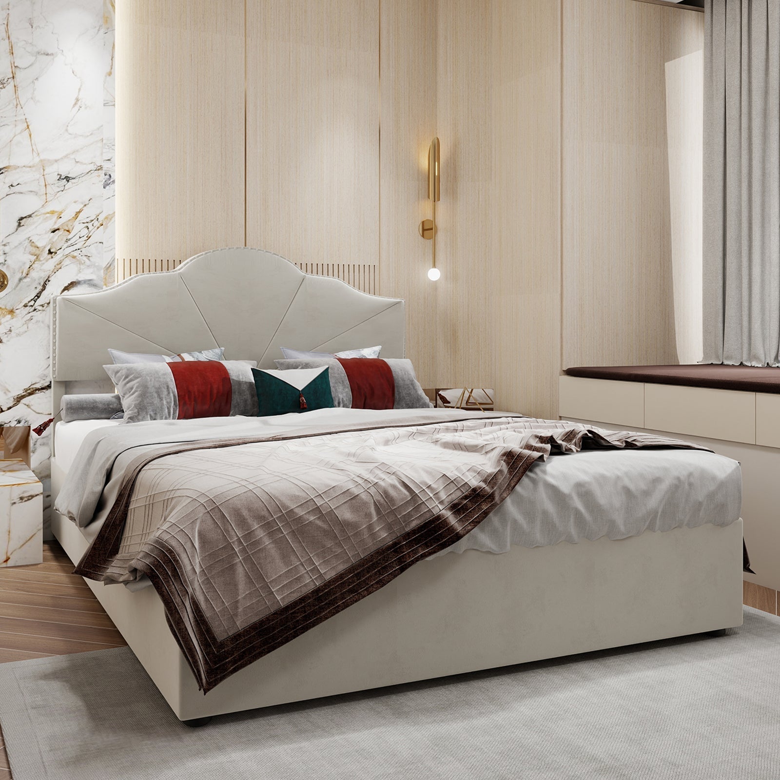 Modern Minimalist Soft Bed, Headboard with Hydraulic Rod, 140x200cm, Beige