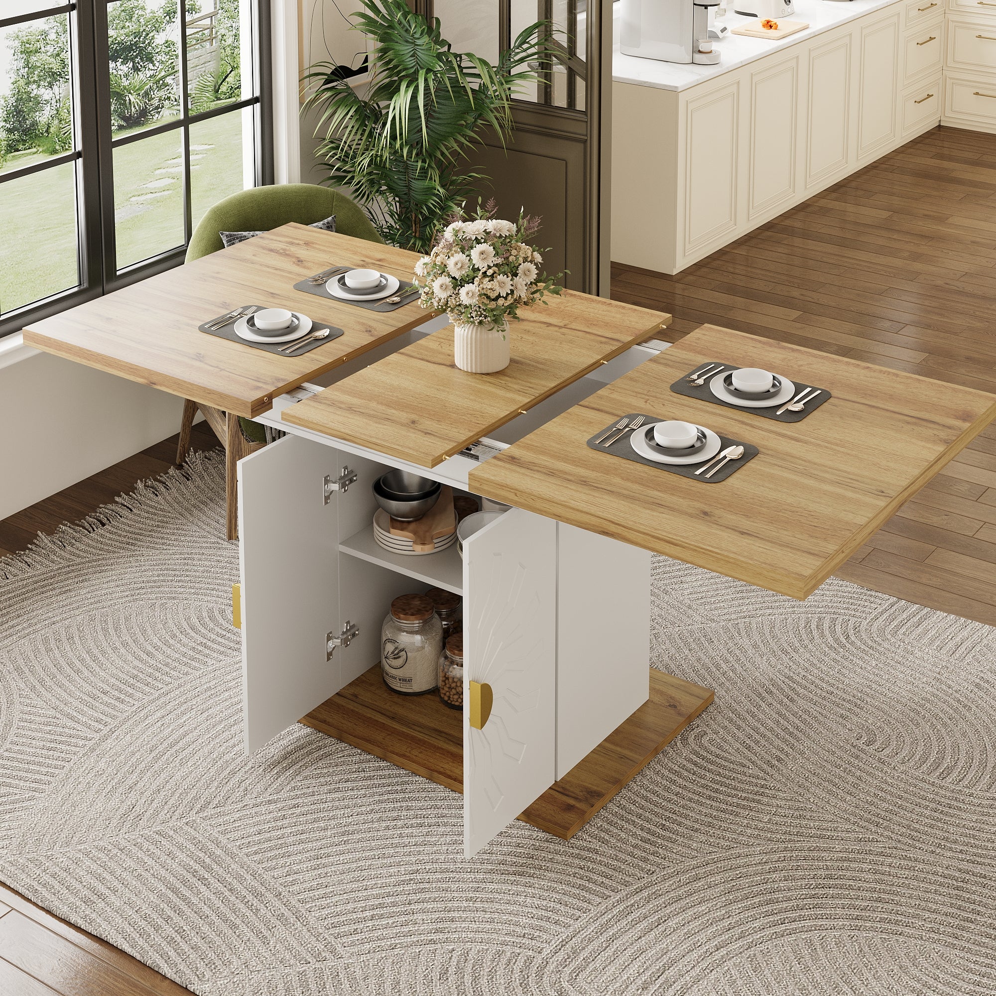 Extendable Dining Table with Storage and Sunburst Relief, Wood Veneer