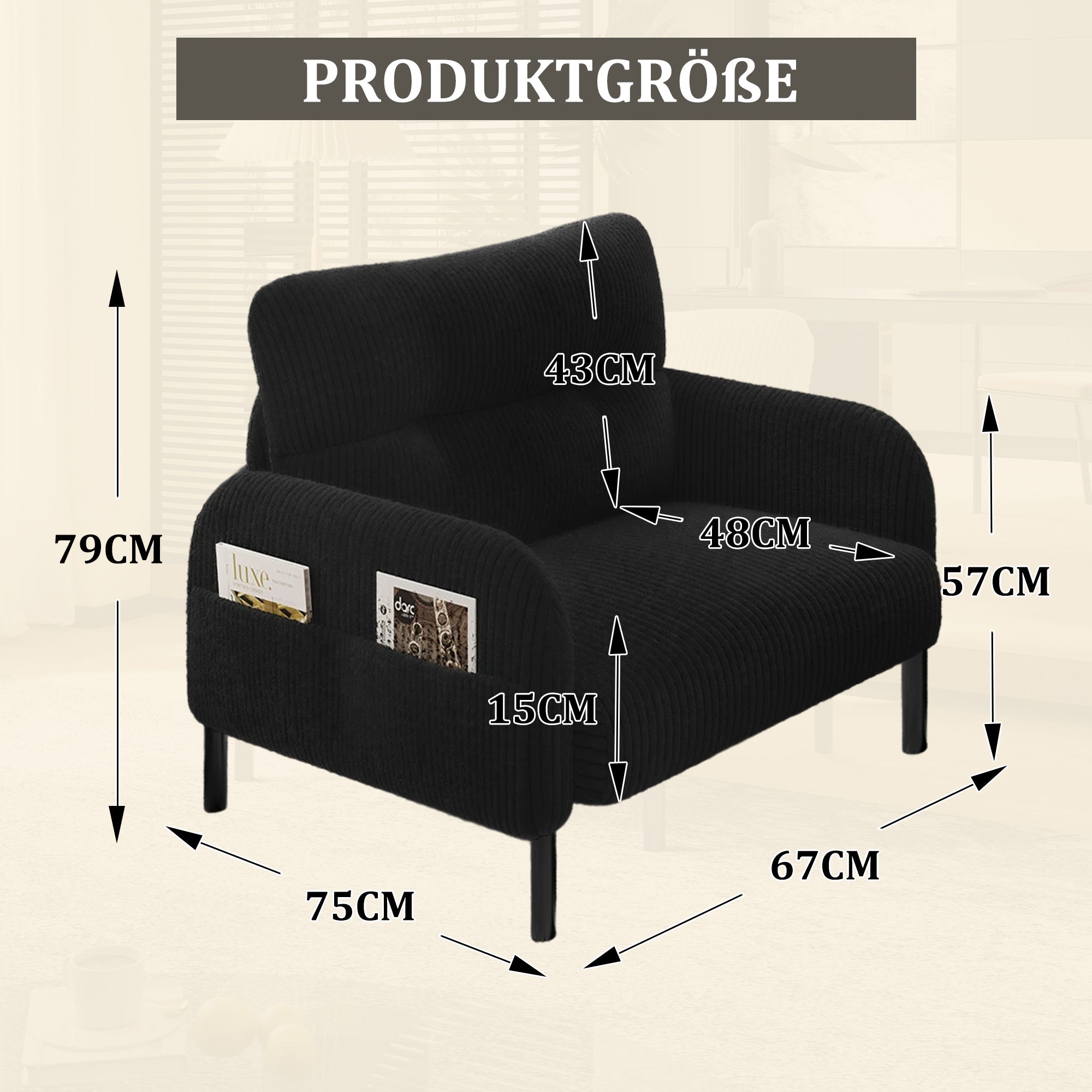 Sofa/Chair Comfortable with Side Pockets, Solid Structure - Velvet Fabric