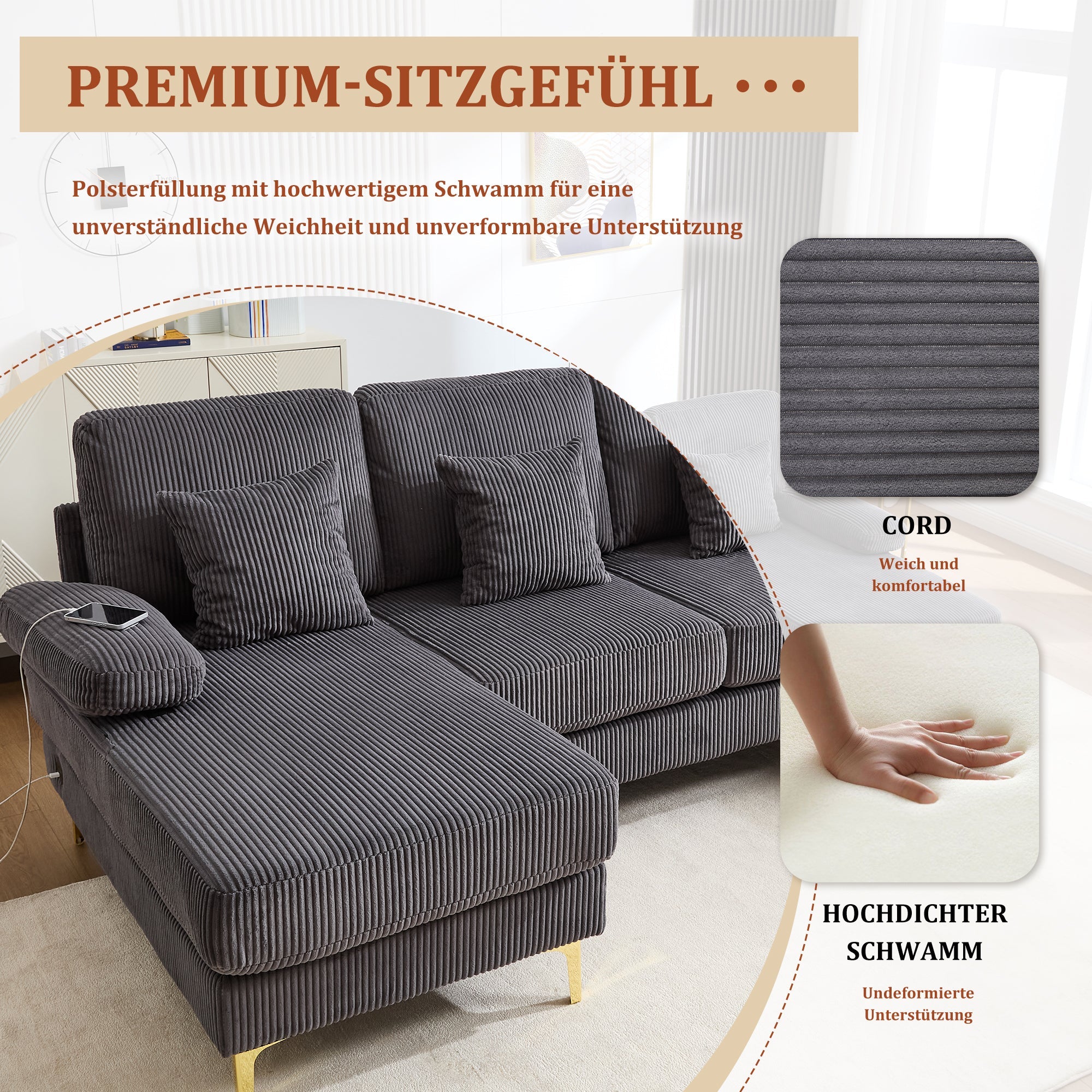 U-Shaped Sofa, LED Ambient Lighting & USB-C Port, Solid Wood Frame, Grey