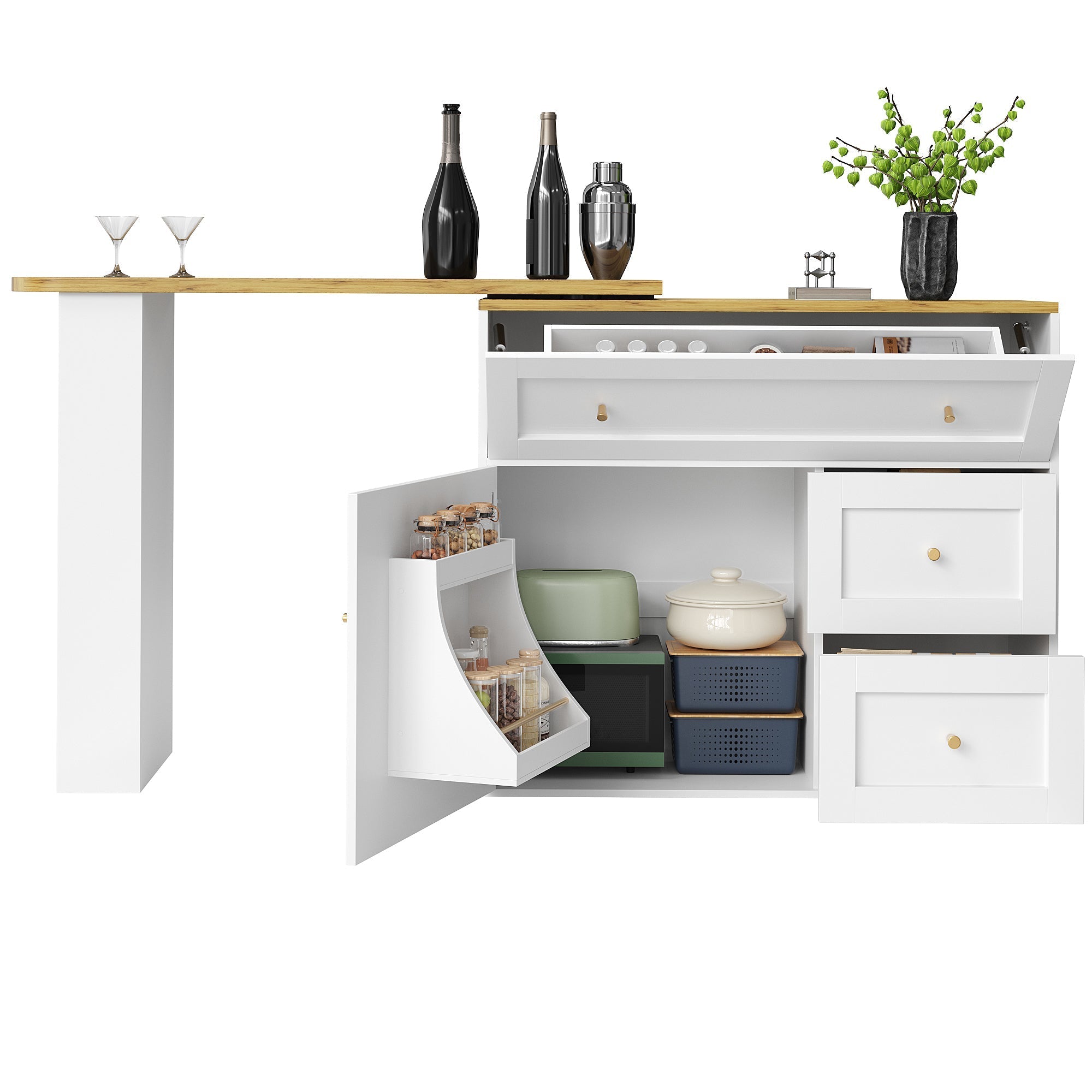 Extendable Bar Table Telescopic Storage Snack Shelf 138-204cm - White