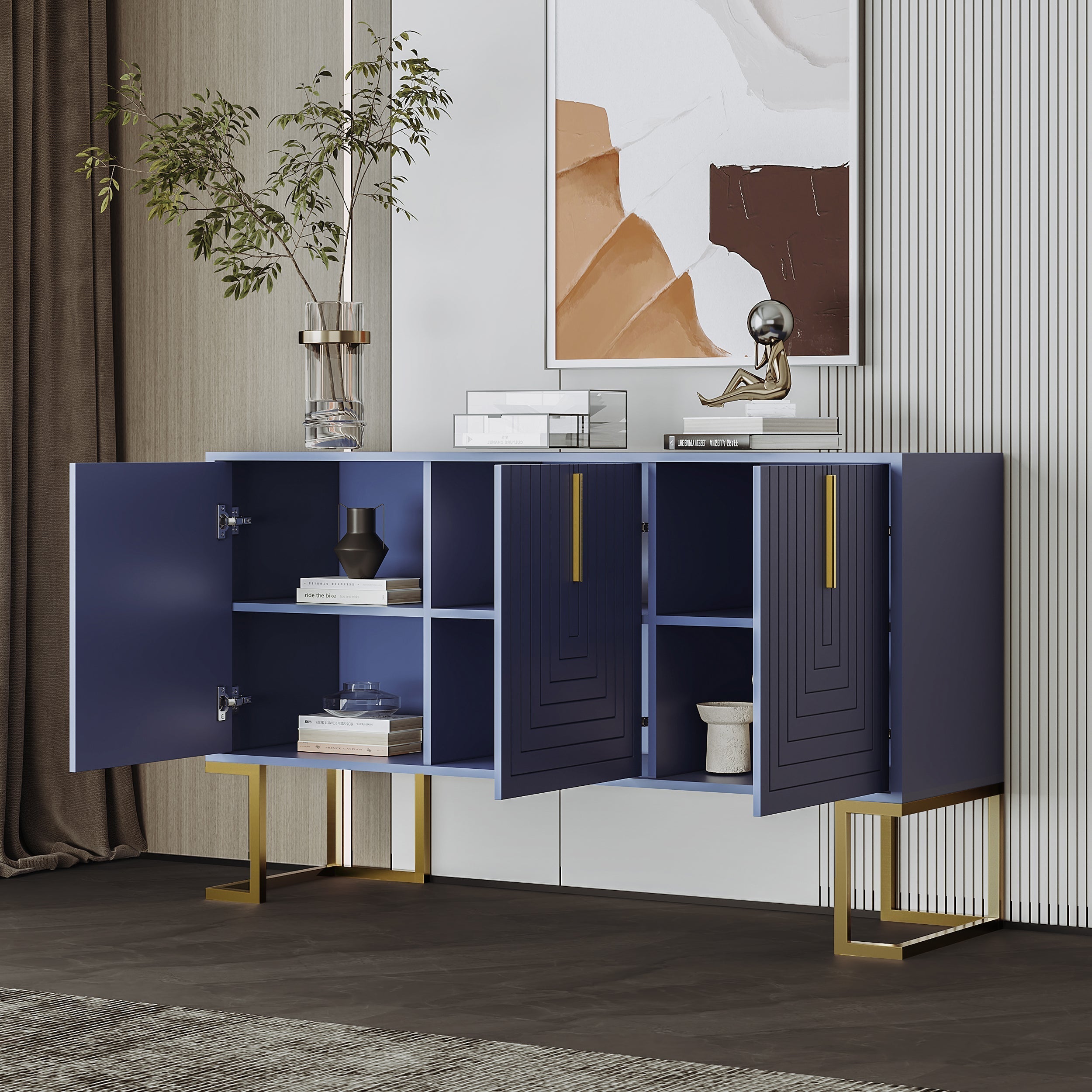 Sideboard, 3-Door Adjustable Shelves U-Shaped Metal, Navy Blue