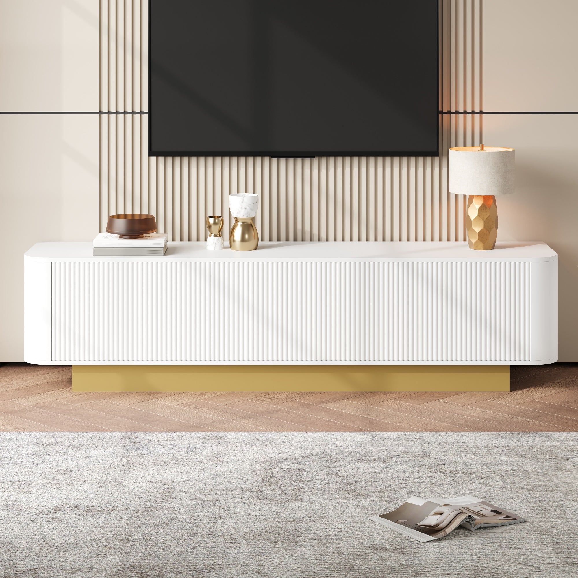 Modern TV Stand with Storage and Cable Management, Rounded Design, White