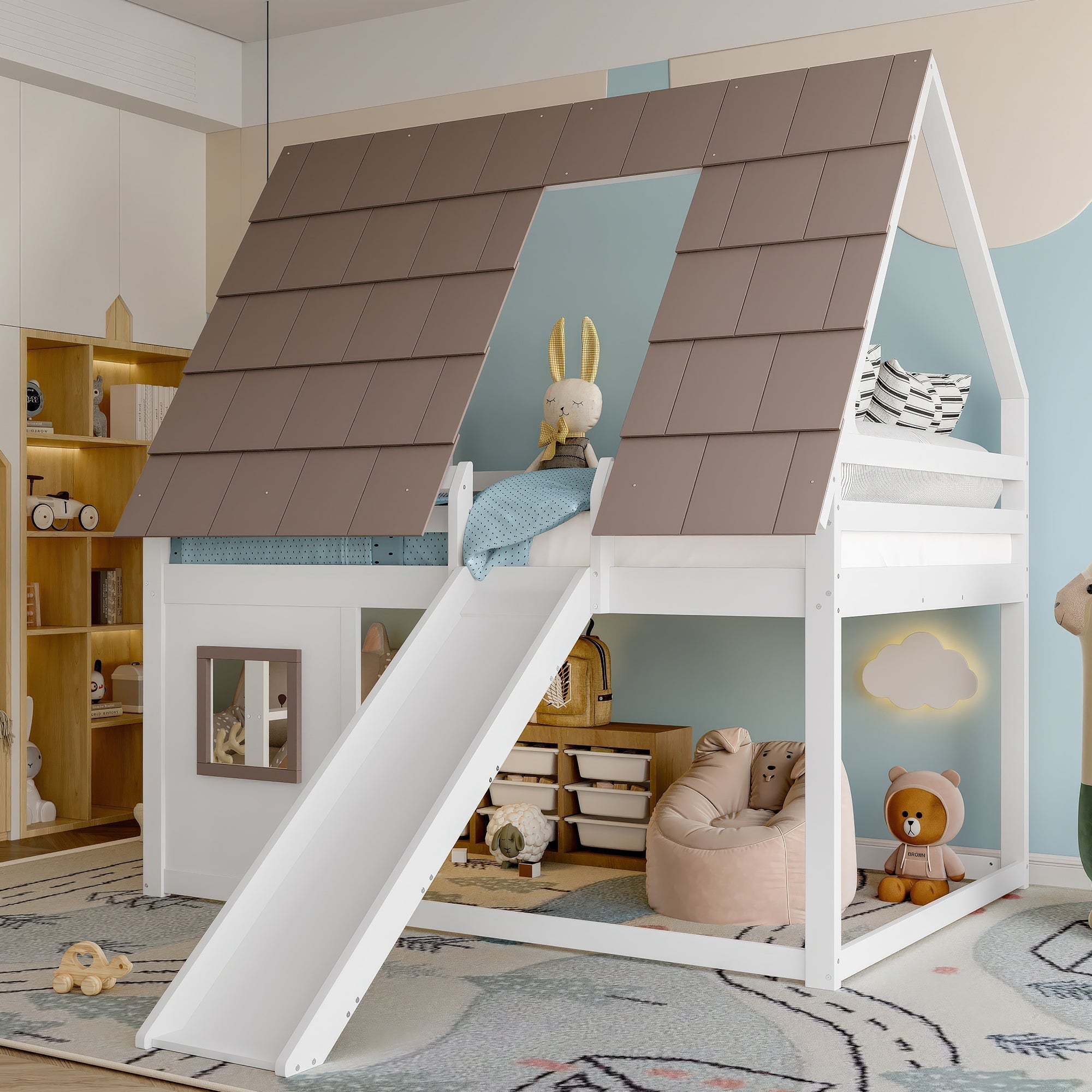 Wooden House Bunk Bed with Roof, Ladder and Slide, 140 x 200, White and Brown