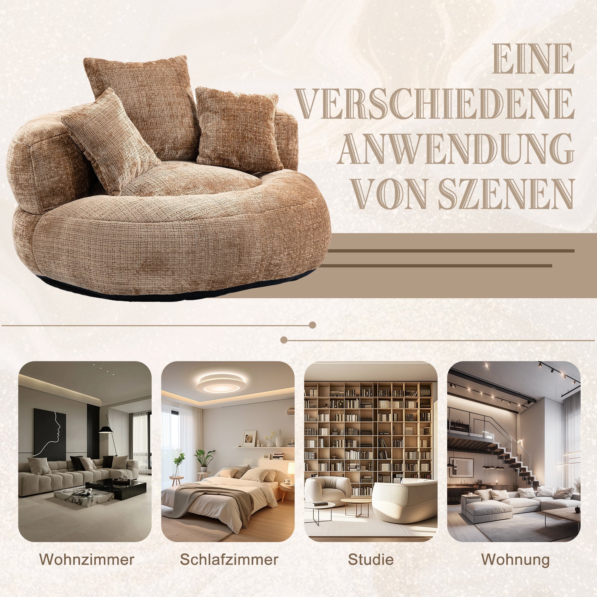 Lazy Sofa Durable High Back Bean Bag Chair Couch with Three Cushions, Coffee Chenille