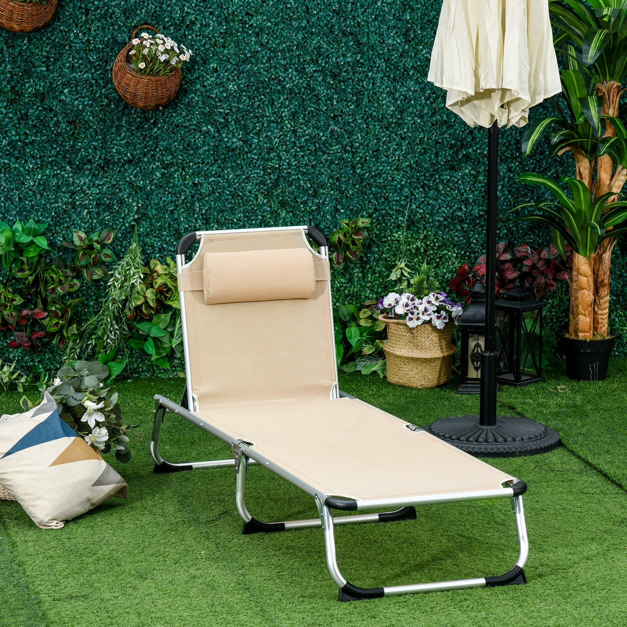Garden Lounger 5-Way Adjustable Foldable Ergonomic, Aluminum Mesh Fabric Beige