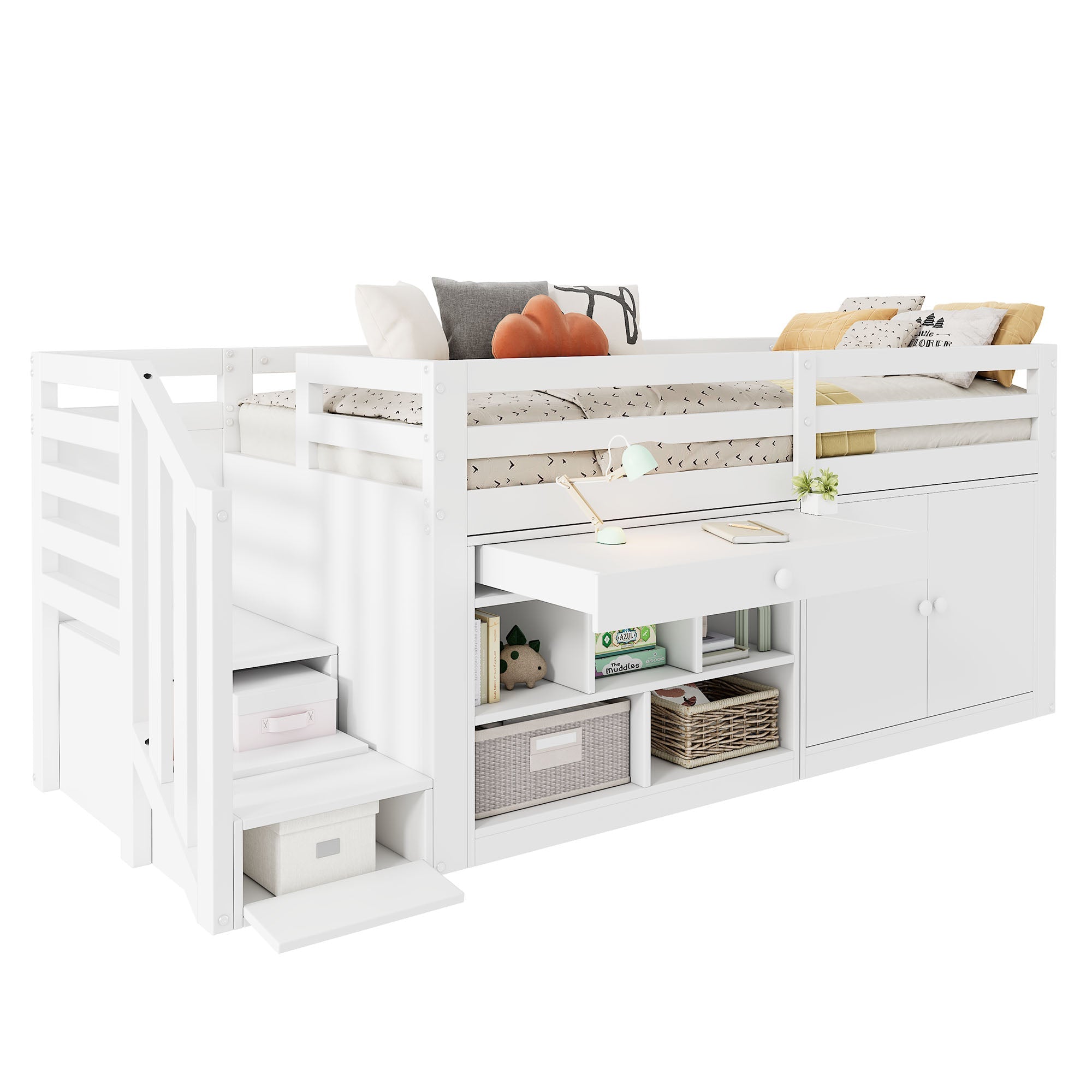 Multifunctional Children's Bed with Stairs, Storage and Reversible Desk, 90x200cm, White Wood