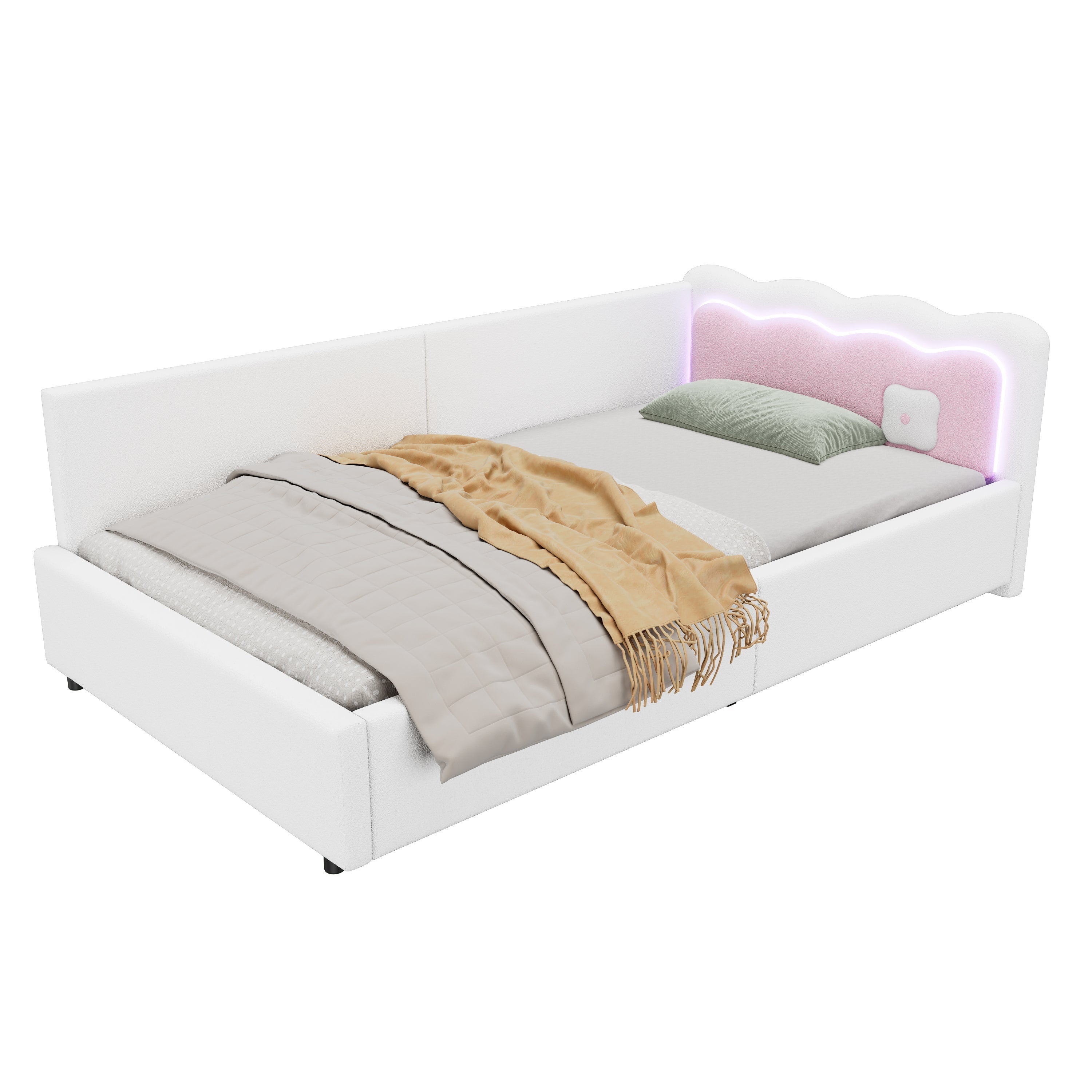 Daybed Sofa Bed 90x200cm LED Remote Control - White Imitation Fleece