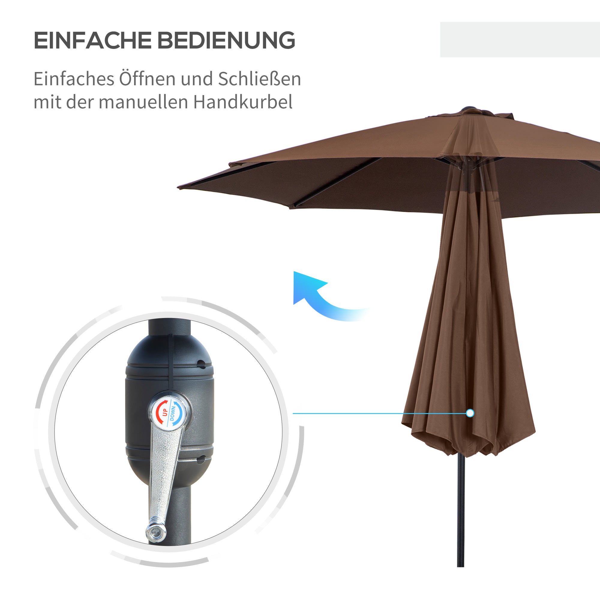 Parasol with Hand Crank, Tilting Market Umbrella, Stable, Brown Polyester