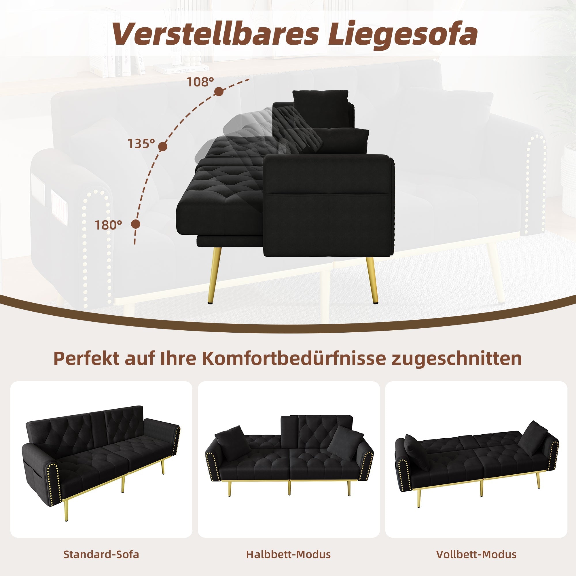 Double Sofa Bed Reclining 3 Angles Cup Holders - Fabric Black