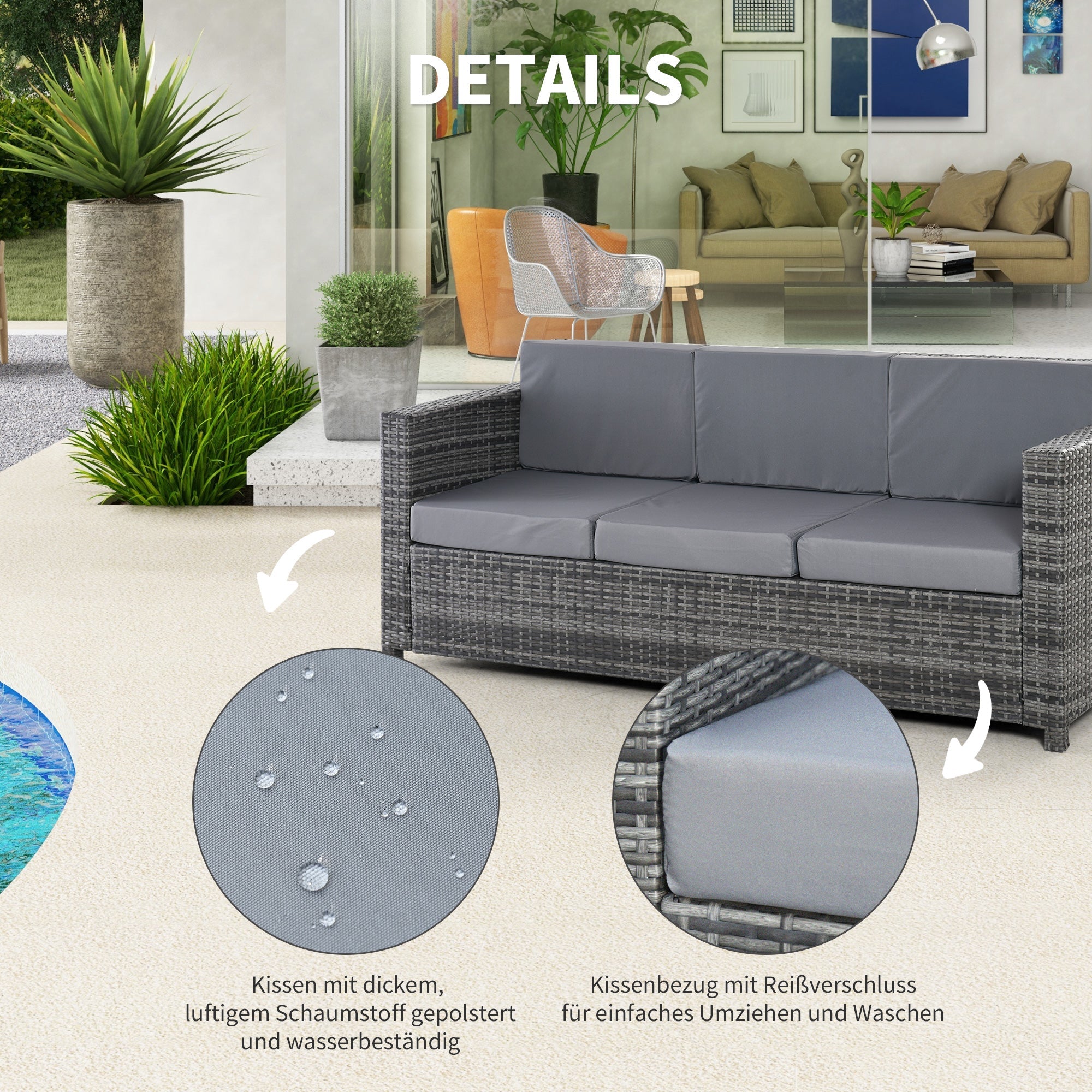 Poly Rattan Garden Lounge Sofa, 3-Seater with Cushions, Grey Metal & Polyester