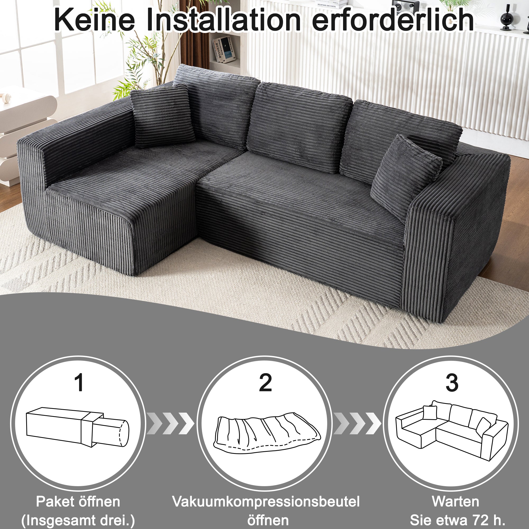 Modern Modular L-Shaped Cloud Sofa, Wide Armchair with Chaise Lounge and No Assembly, Core Fabric Material