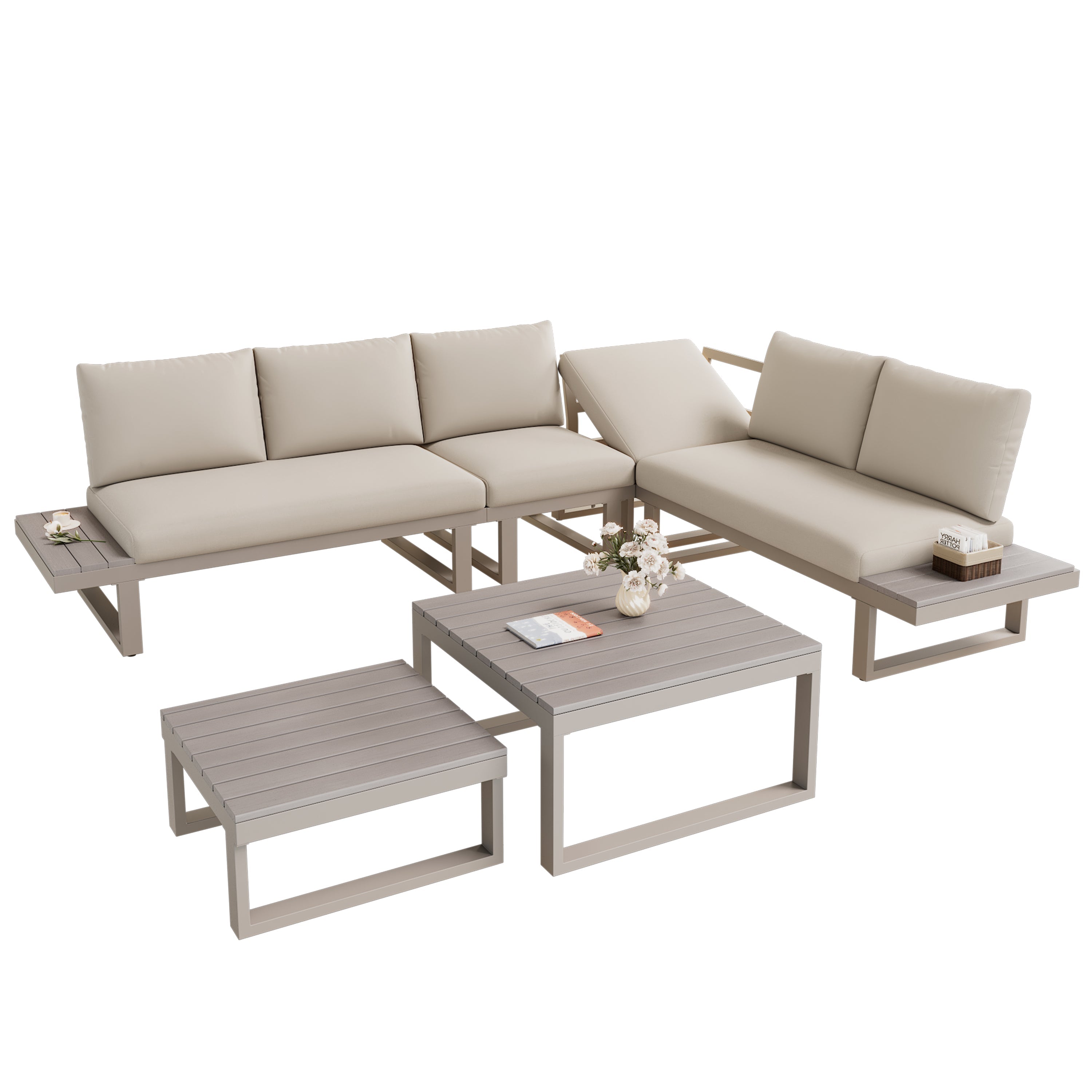 Garden Furniture Set with Adjustable Tilt and Two Coffee Tables, Beige and Khaki