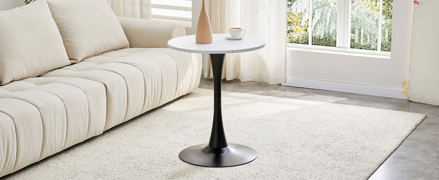 Round 60cm Side Table Small Dining Table MDF Thermoforming Black Leg White Grain Look
