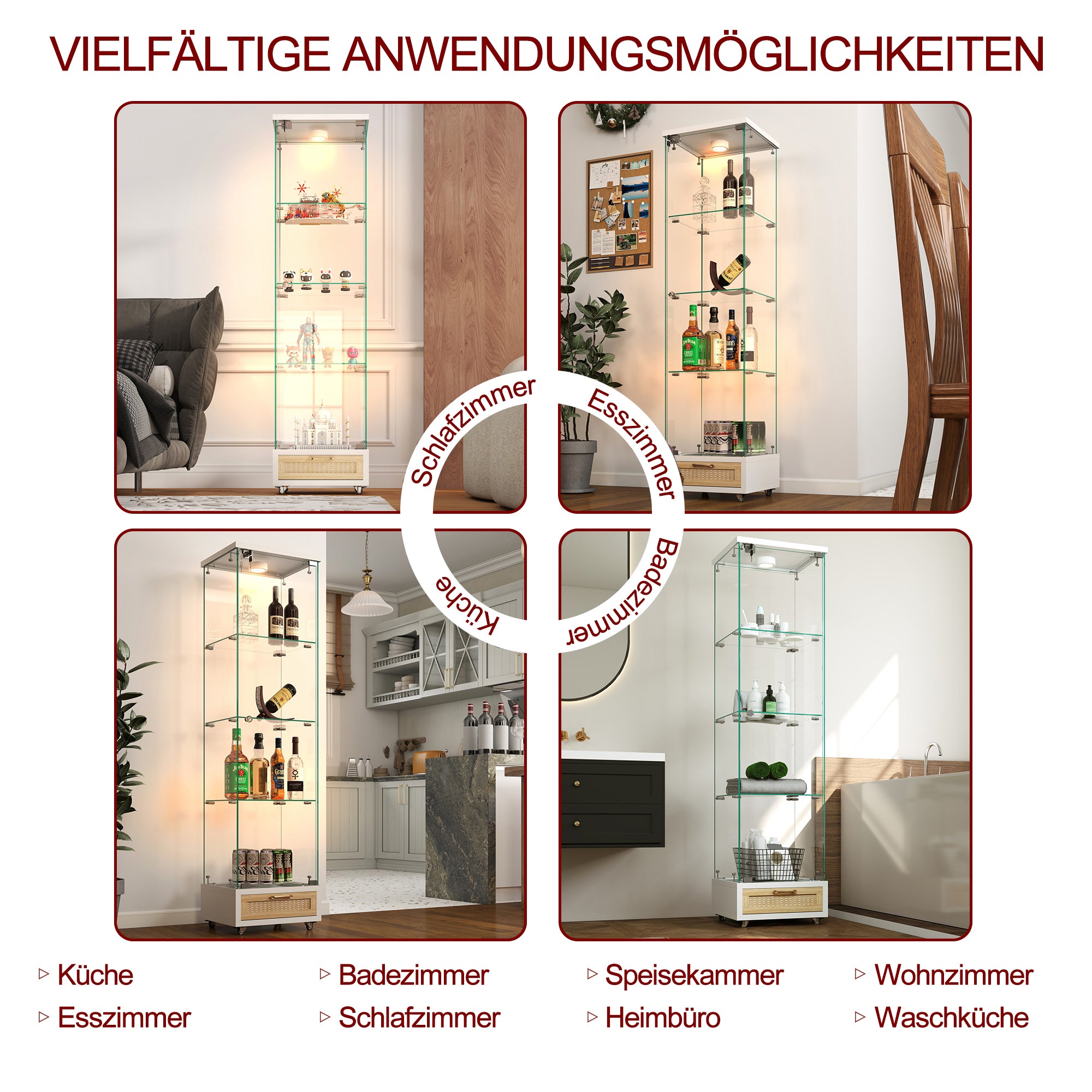 Modern Glass Display Cabinet LED Lights Drawers 4 Shelves - White